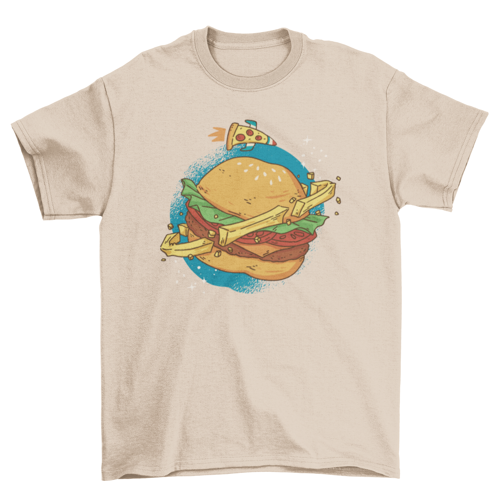 A vibrant t-shirt featuring a burger planet in space with french fries as a ring, showcasing a fun and whimsical design.