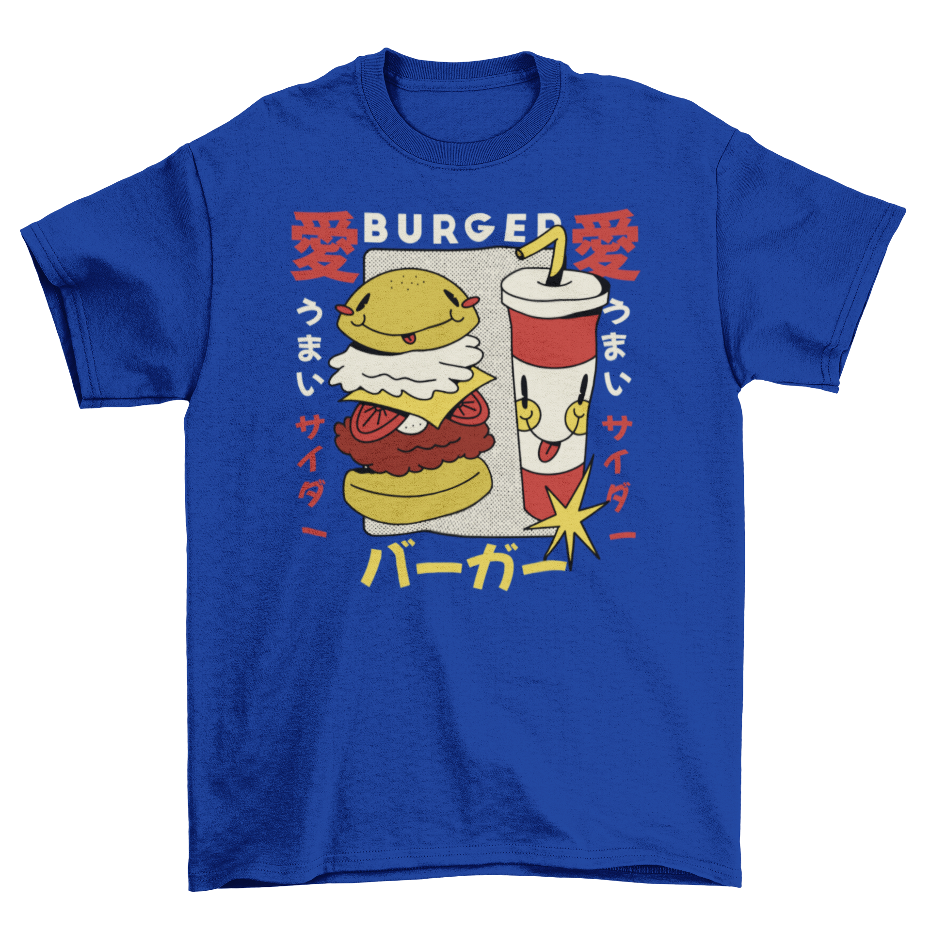 A vibrant retro cartoon t-shirt design featuring a colorful burger and soda, perfect for casual wear.