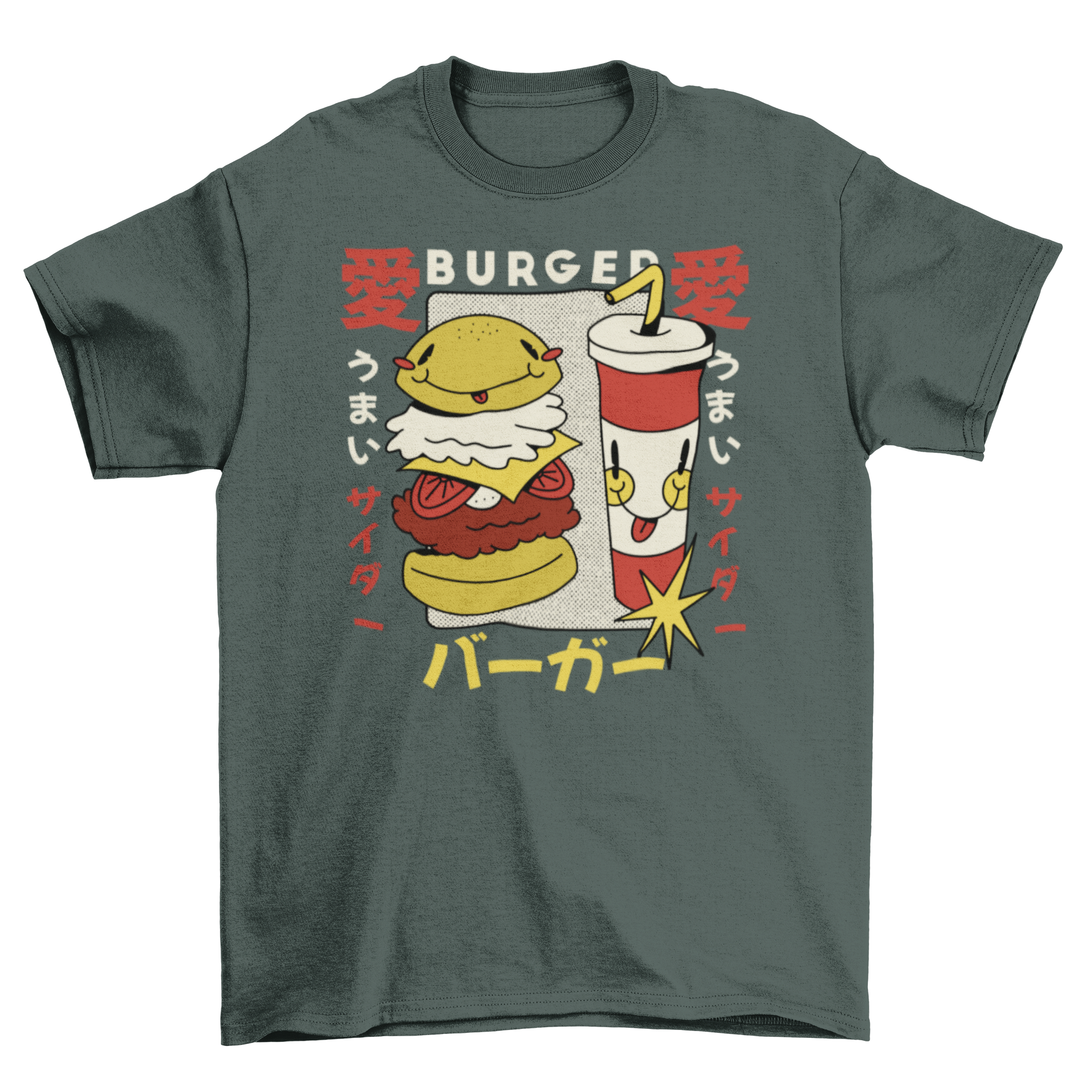 A vibrant retro cartoon t-shirt design featuring a colorful burger and soda, perfect for casual wear.