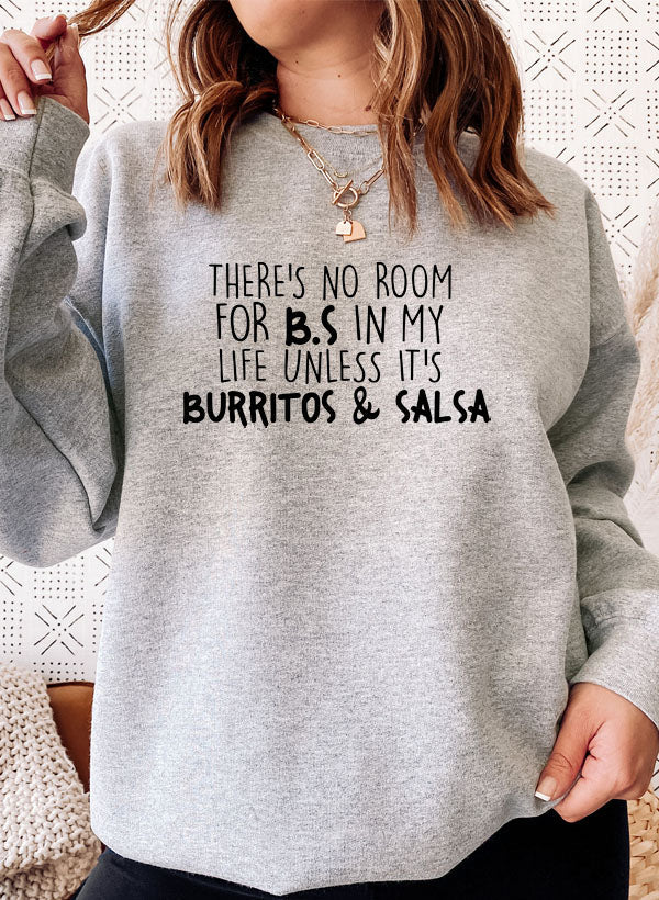 Burritos & Salsa Sweat Shirt featuring a vibrant food-themed design, made from soft cotton/poly fleece blend.