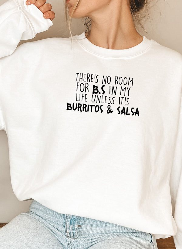 Burritos & Salsa Sweat Shirt featuring a vibrant food-themed design, made from soft cotton/poly fleece blend.