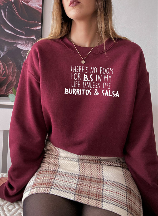 Burritos & Salsa Sweat Shirt featuring a vibrant food-themed design, made from soft cotton/poly fleece blend.