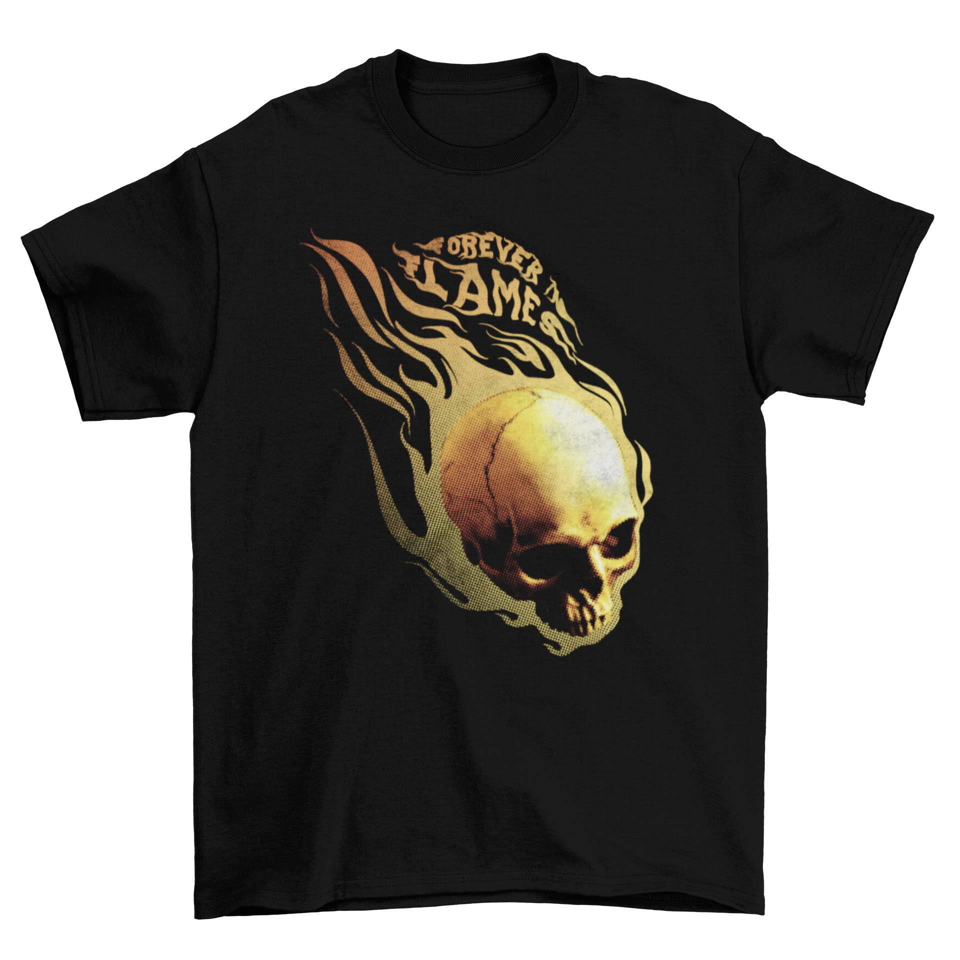 Burning Death Fashion Hot Skull T-shirt featuring a skull on fire with the quote 'Forever in flames' in realistic style.