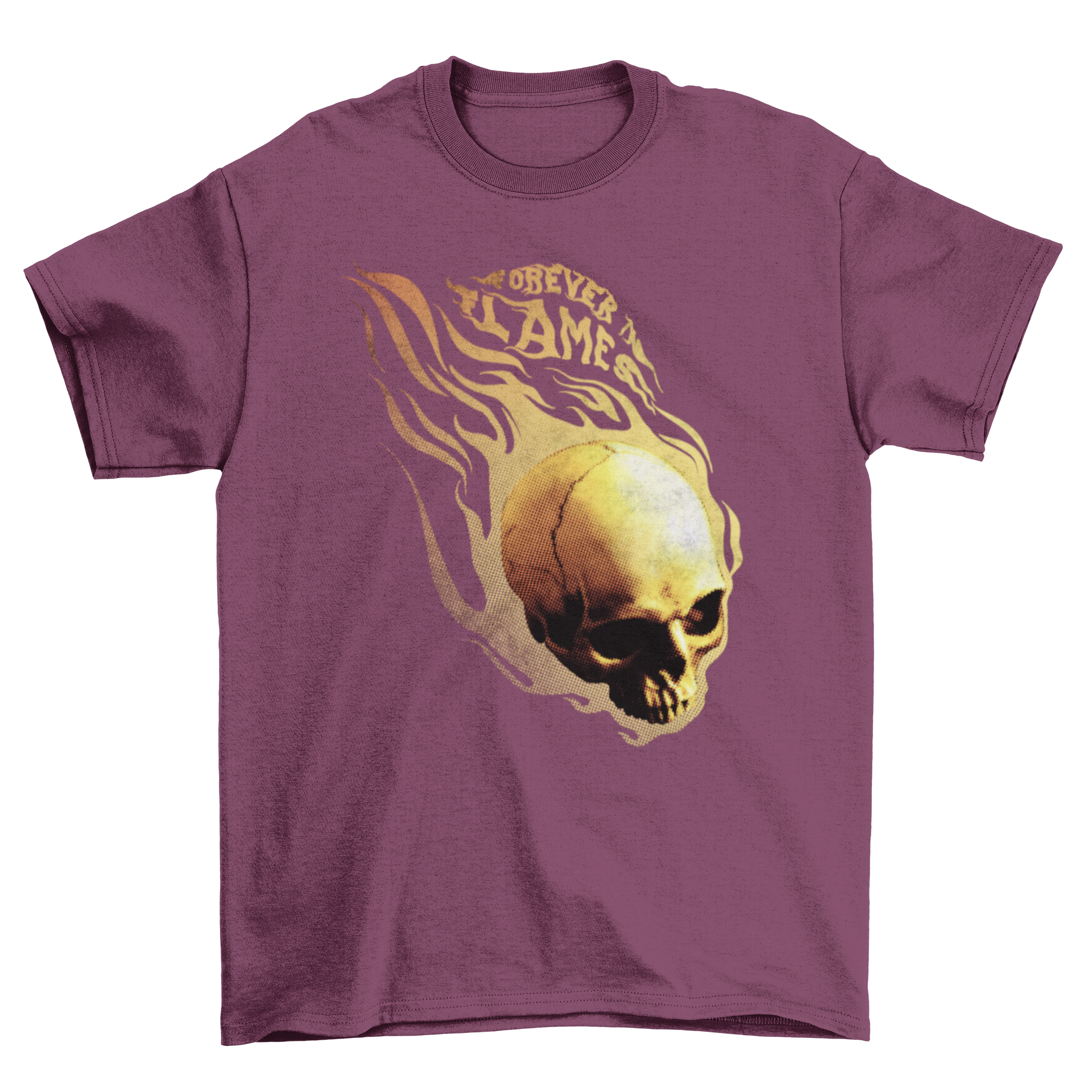 Burning Death Fashion Hot Skull T-shirt featuring a skull on fire with the quote 'Forever in flames' in realistic style.