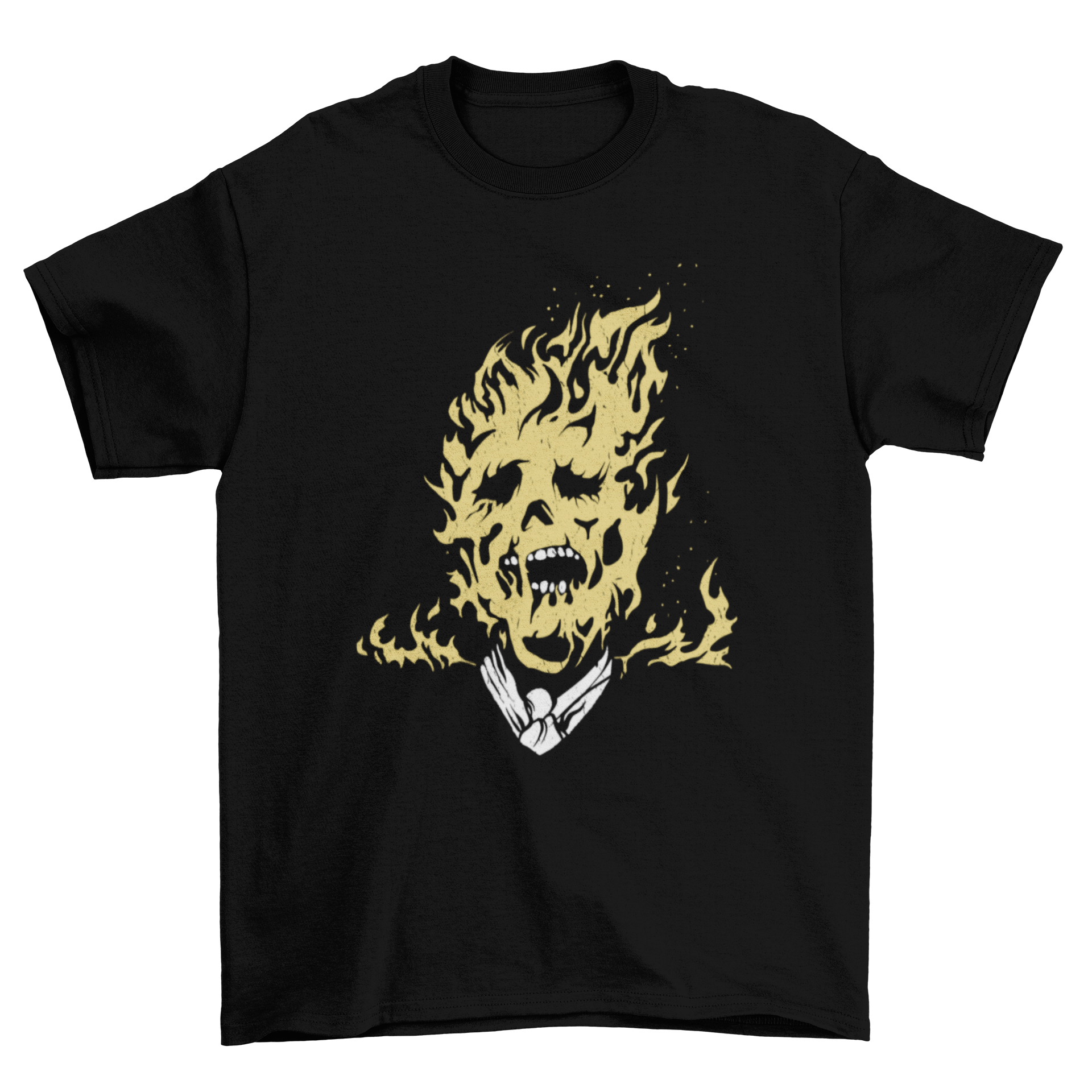 Burning Man on Fire T-shirt featuring a man's face engulfed in flames, showcasing vibrant colors and intricate details.