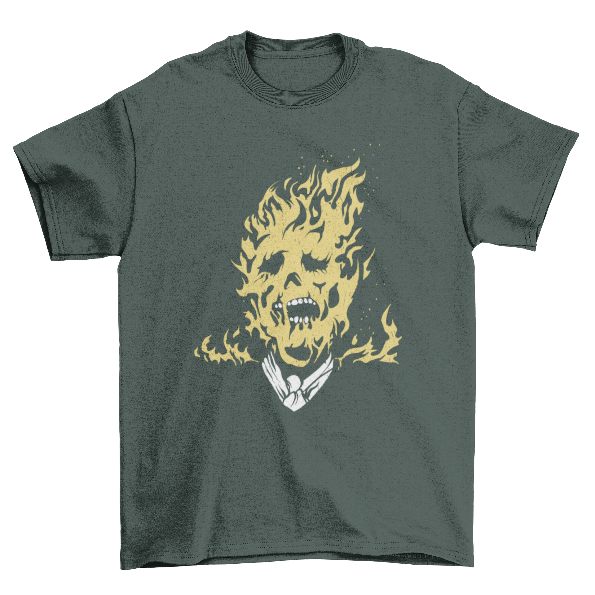 Burning Man on Fire T-shirt featuring a man's face engulfed in flames, showcasing vibrant colors and intricate details.