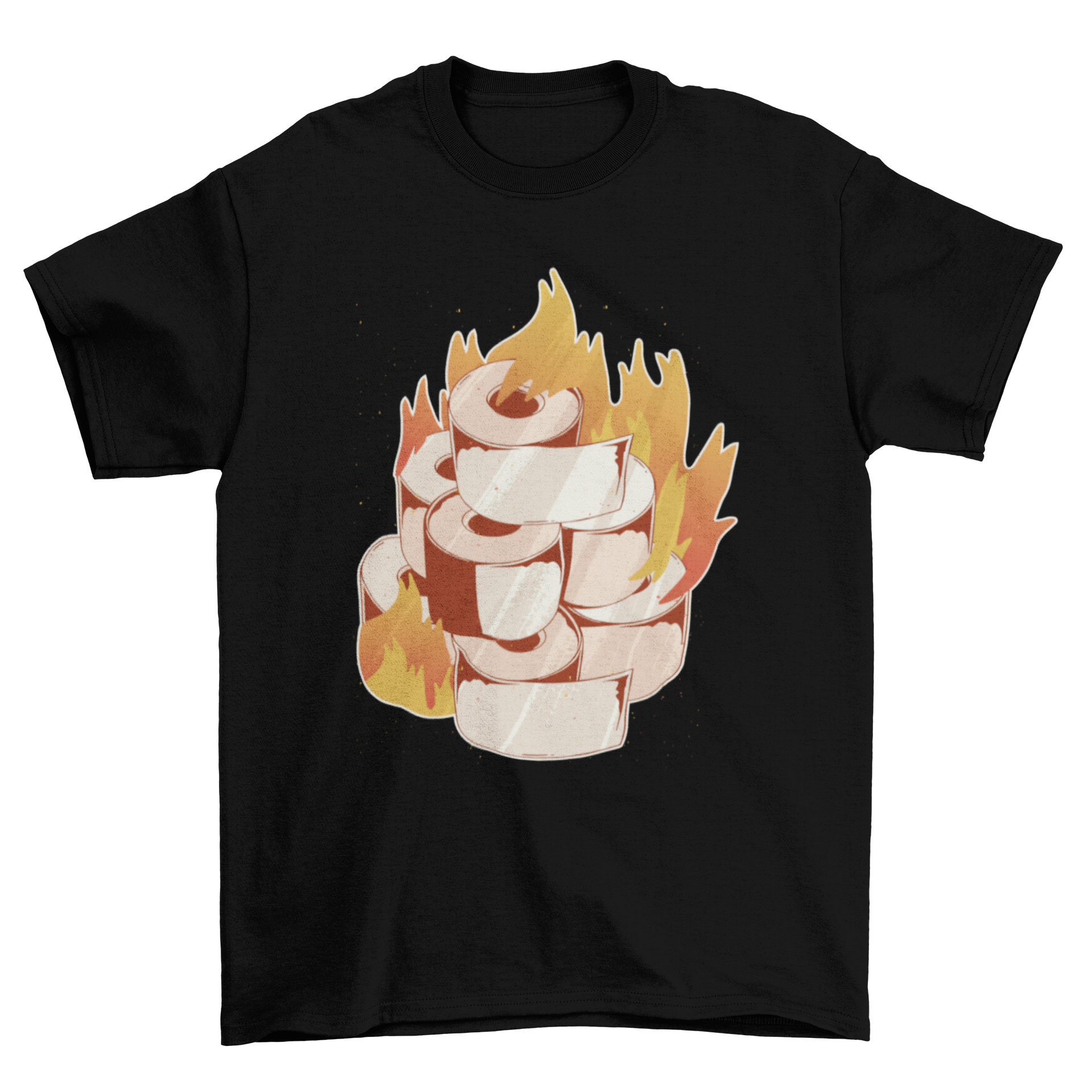 A humorous T-shirt featuring a graphic of burning toilet paper, showcasing a unique and playful design.