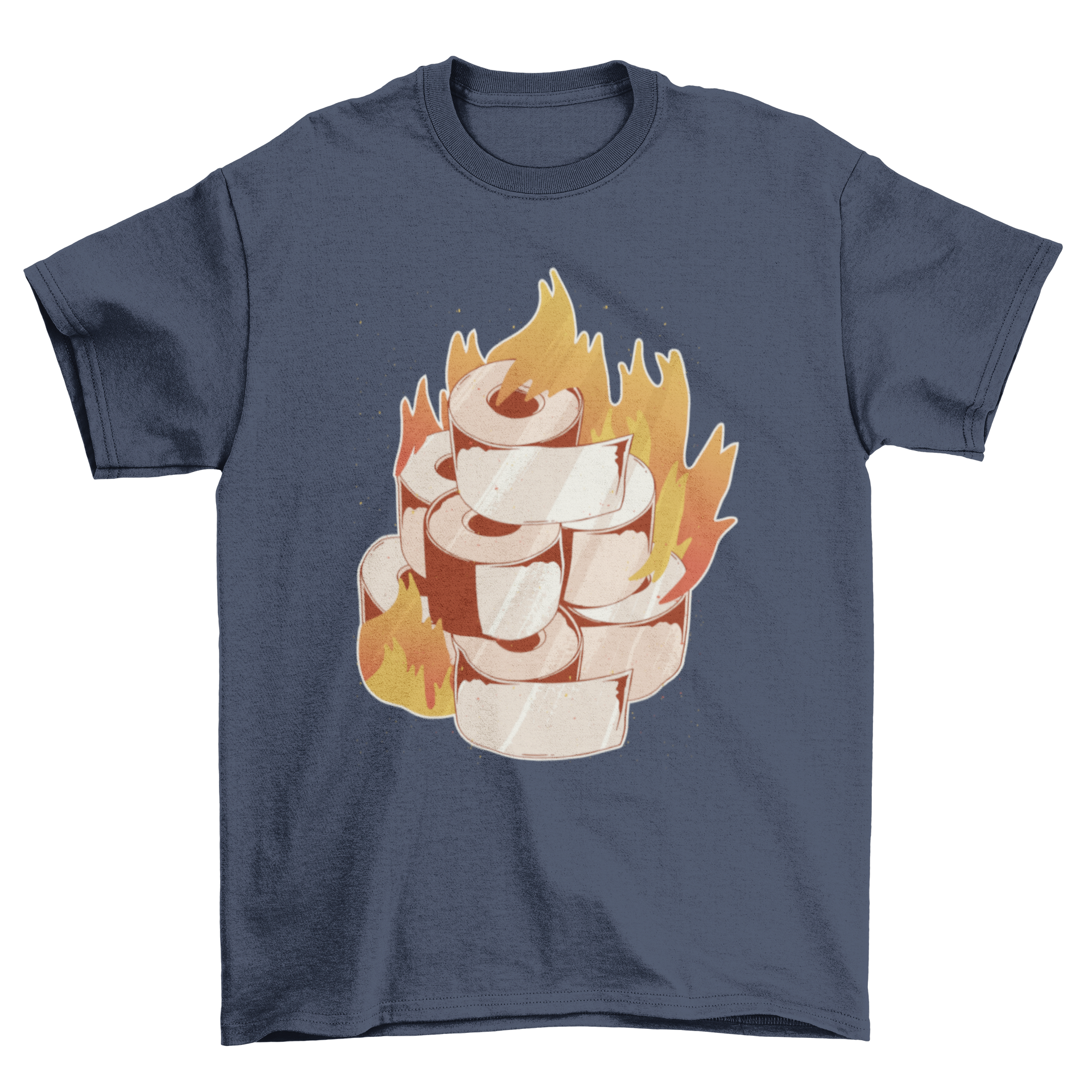 A humorous T-shirt featuring a graphic of burning toilet paper, showcasing a unique and playful design.