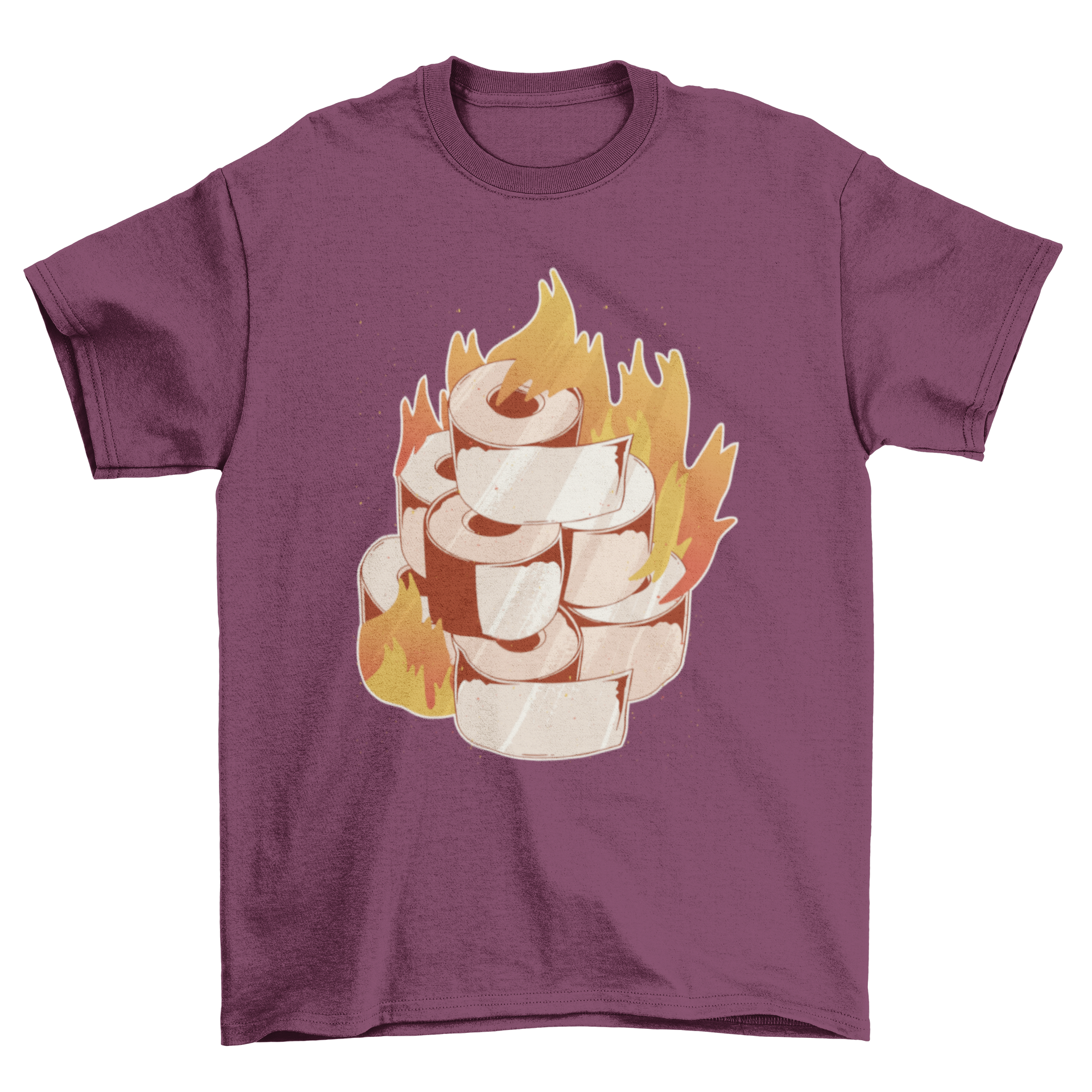 A humorous T-shirt featuring a graphic of burning toilet paper, showcasing a unique and playful design.