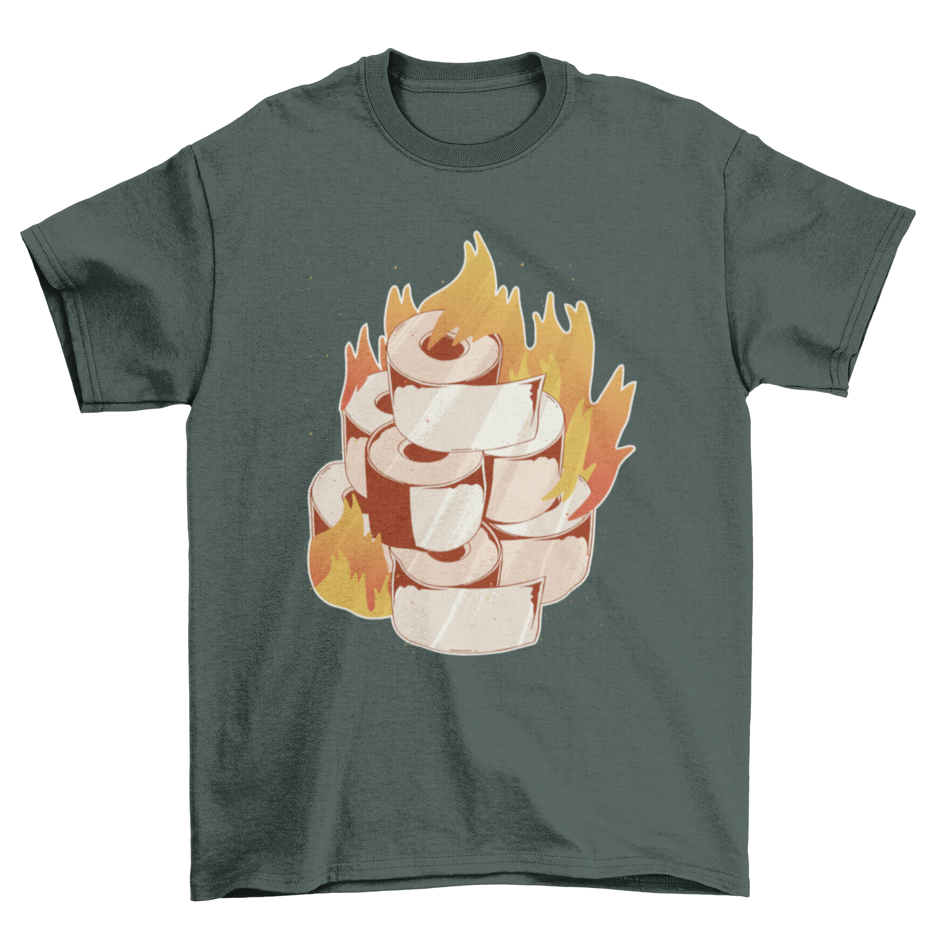 A humorous T-shirt featuring a graphic of burning toilet paper, showcasing a unique and playful design.