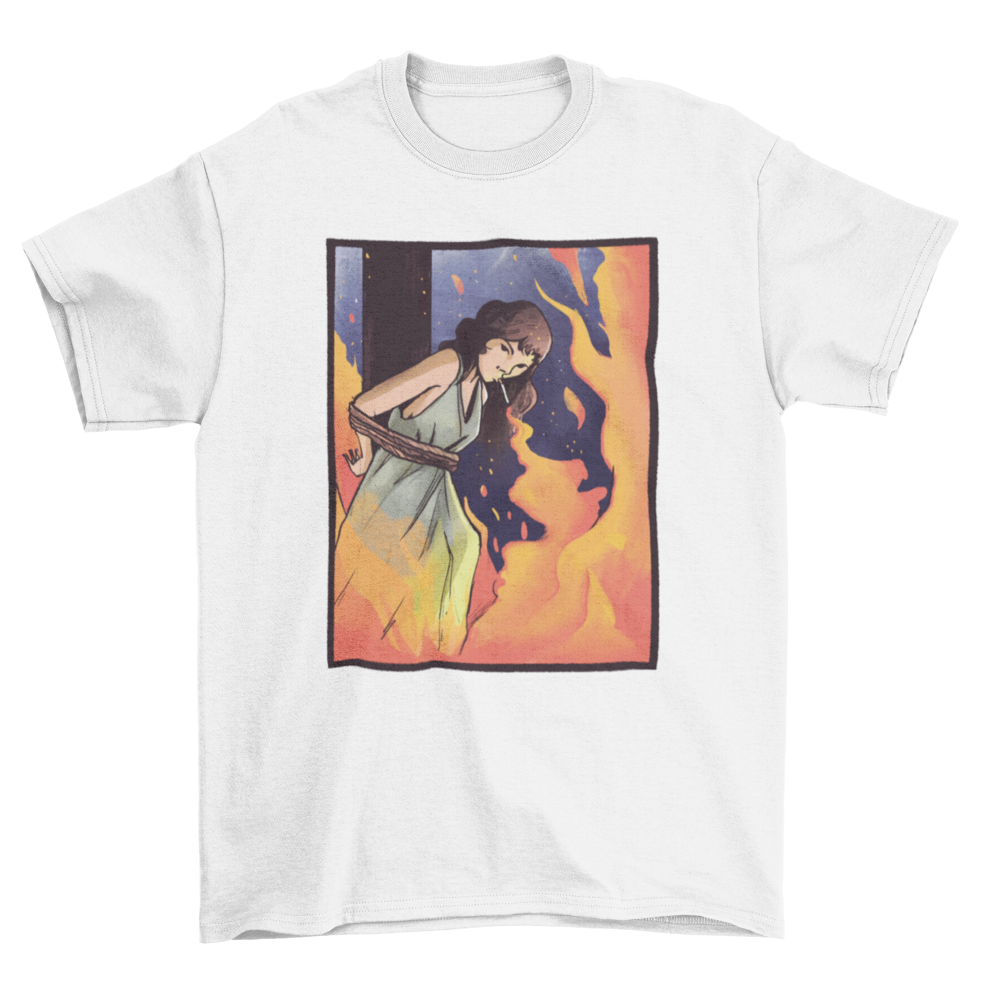 Burning Witch Cigarette T-Shirt featuring a witch graphic, smoking a cigarette while skateboarding.