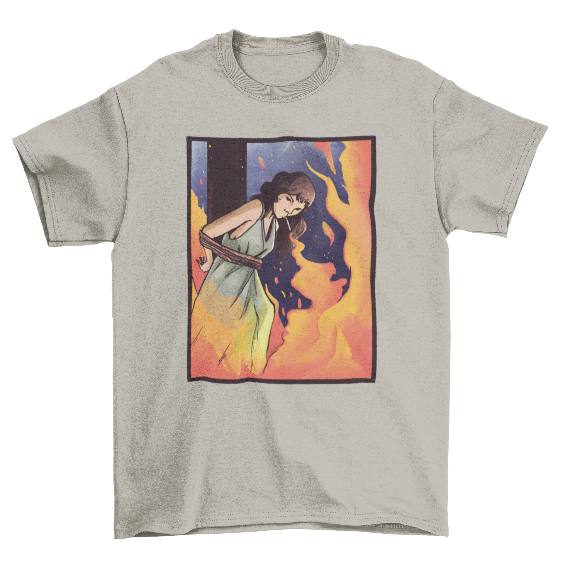 Burning Witch Cigarette T-Shirt featuring a witch graphic, smoking a cigarette while skateboarding.