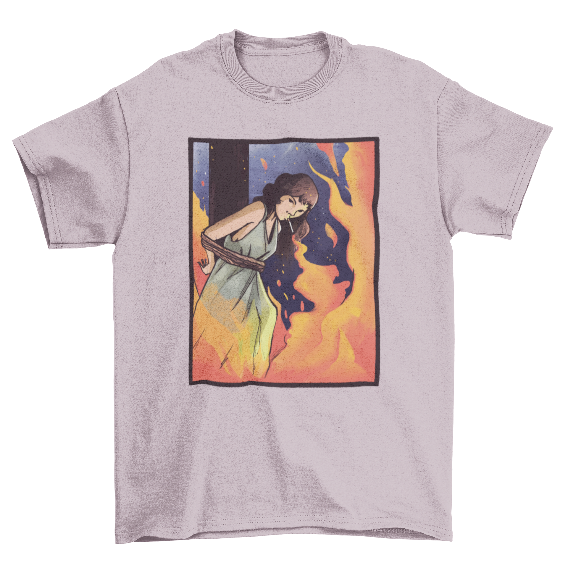 Burning Witch Cigarette T-Shirt featuring a witch graphic, smoking a cigarette while skateboarding.