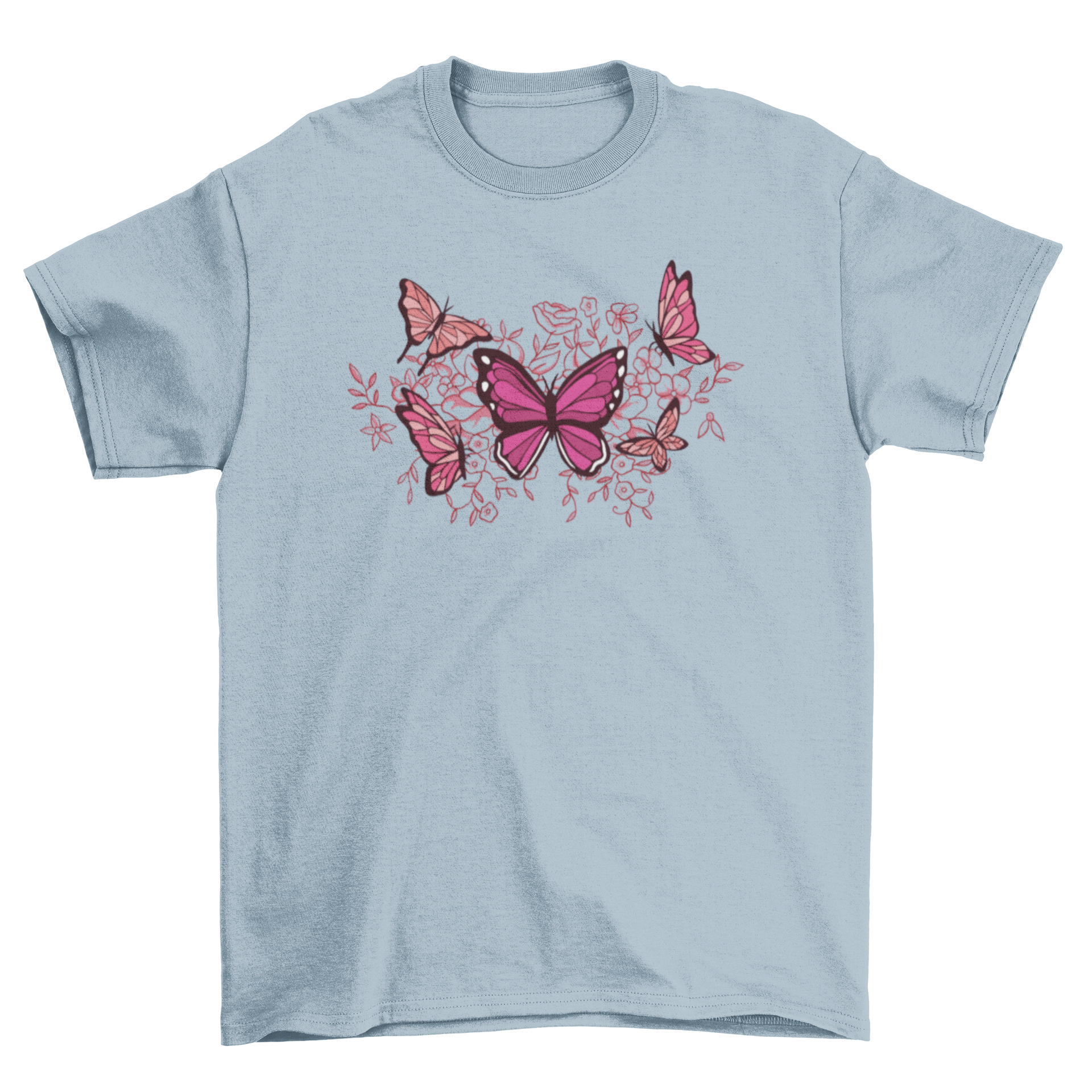 A cute t-shirt featuring a vibrant design of butterflies and flowers, perfect for nature lovers.