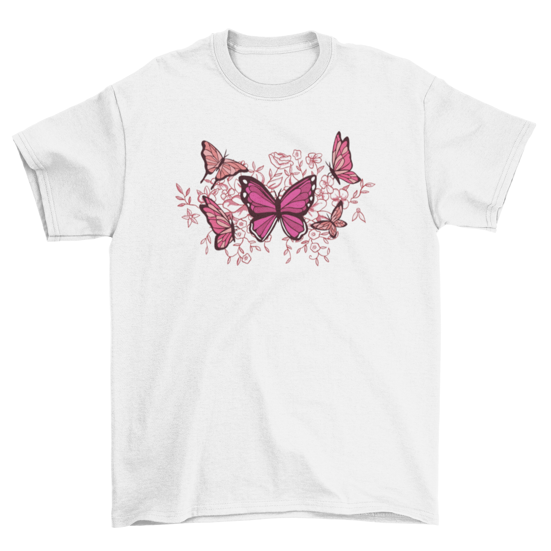 A cute t-shirt featuring a vibrant design of butterflies and flowers, perfect for nature lovers.