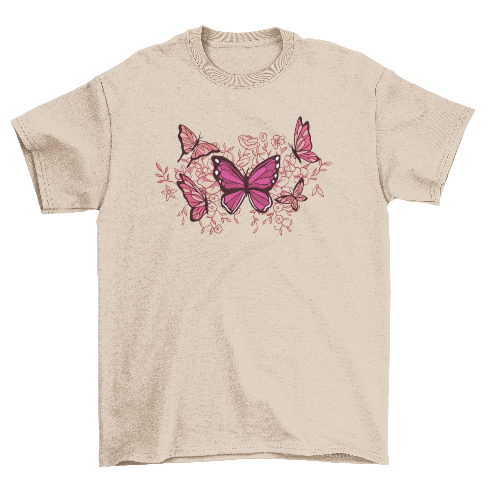 A cute t-shirt featuring a vibrant design of butterflies and flowers, perfect for nature lovers.