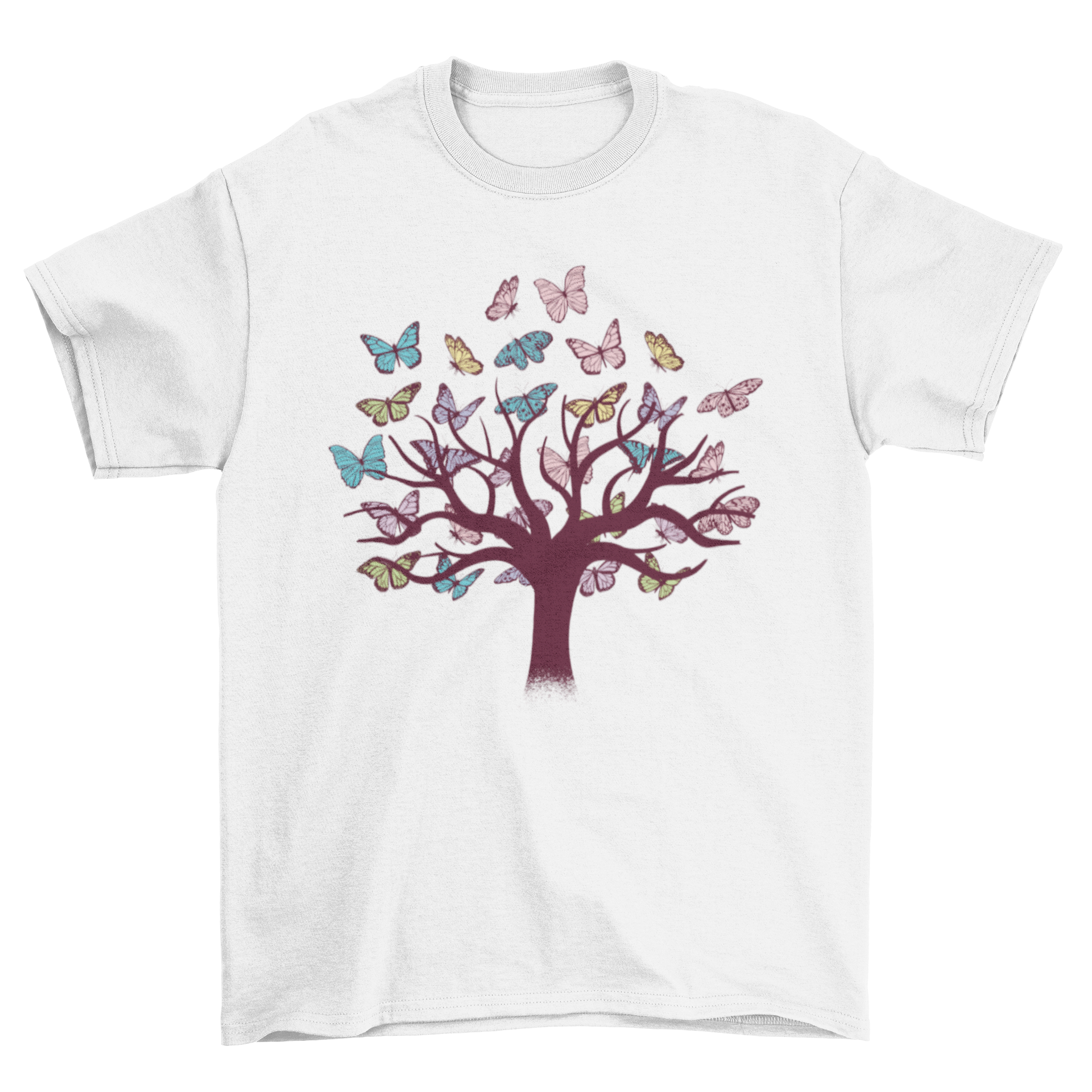 A vibrant t-shirt featuring a colorful tree design with butterflies flying around, showcasing nature-inspired art.