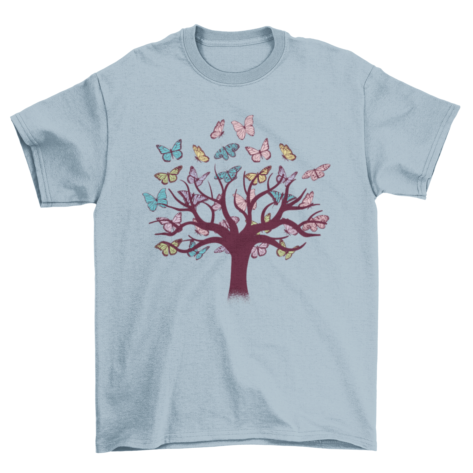 A vibrant t-shirt featuring a colorful tree design with butterflies flying around, showcasing nature-inspired art.