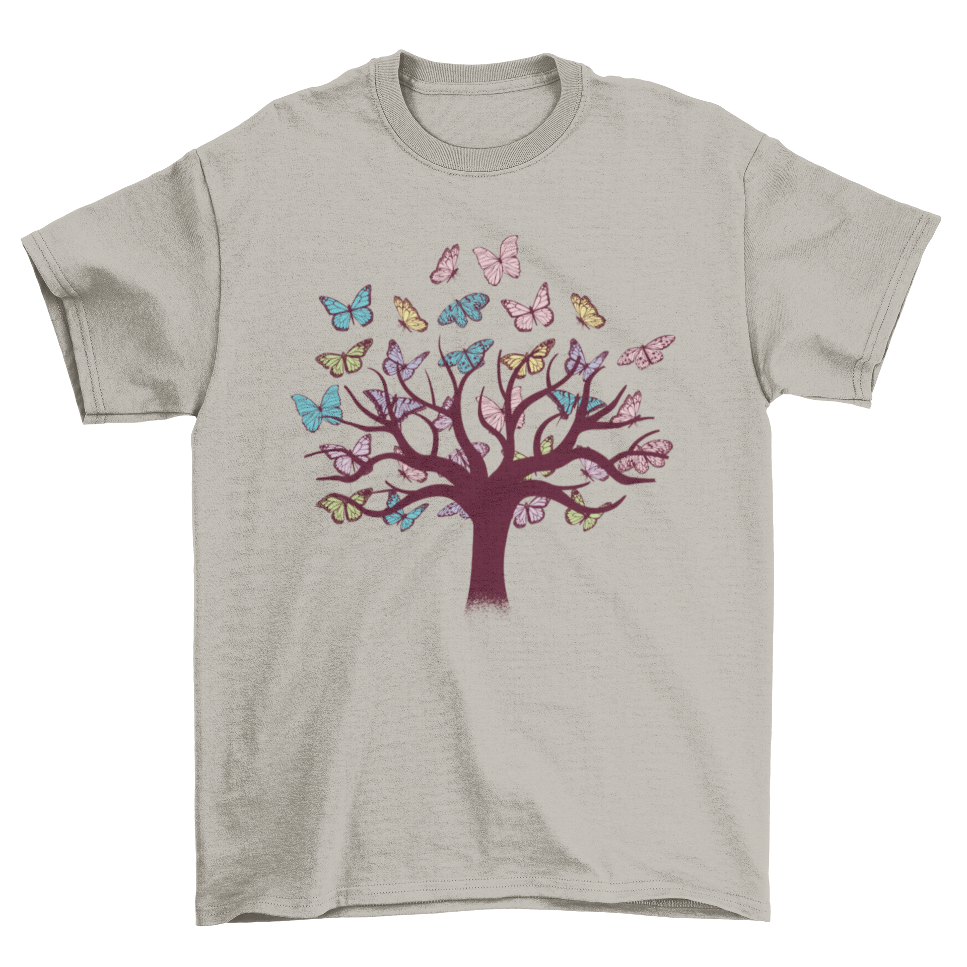 A vibrant t-shirt featuring a colorful tree design with butterflies flying around, showcasing nature-inspired art.