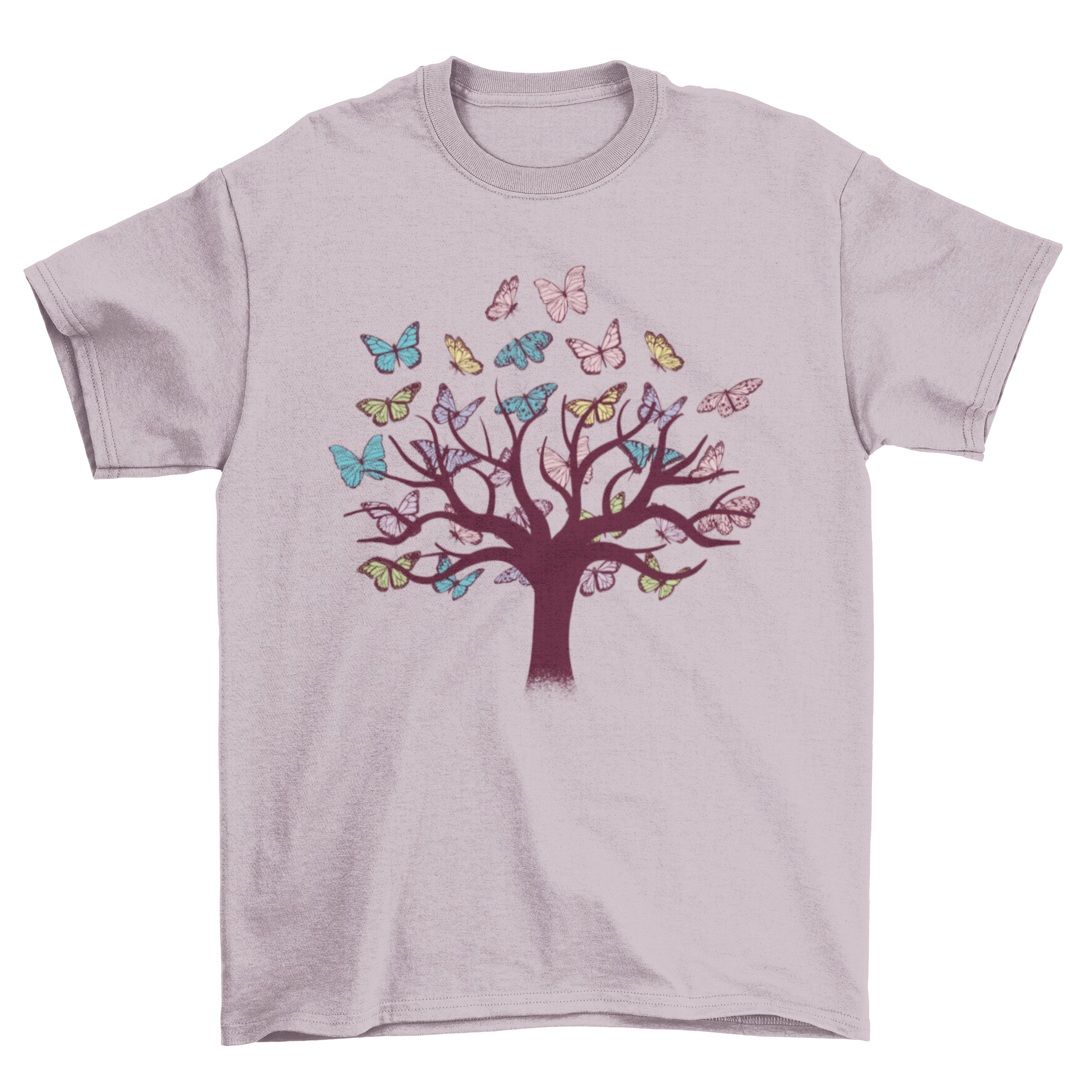 A vibrant t-shirt featuring a colorful tree design with butterflies flying around, showcasing nature-inspired art.