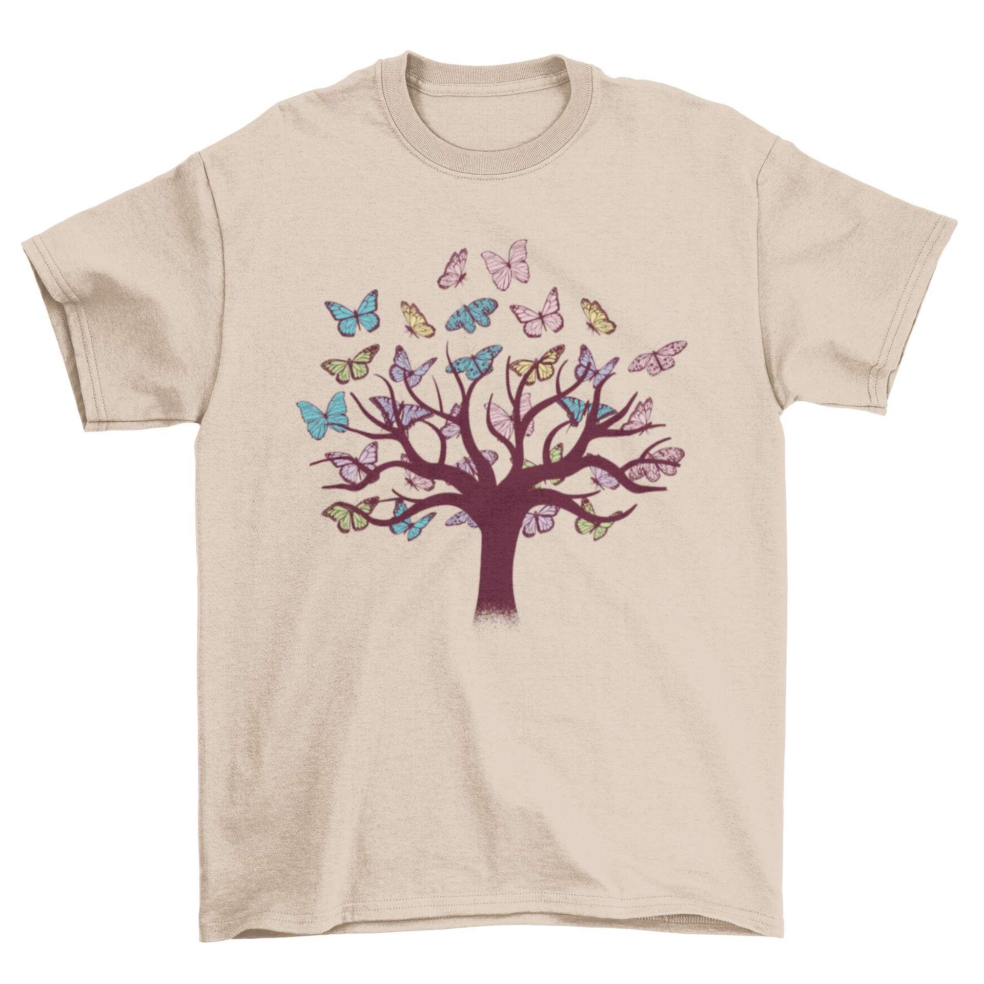 A vibrant t-shirt featuring a colorful tree design with butterflies flying around, showcasing nature-inspired art.