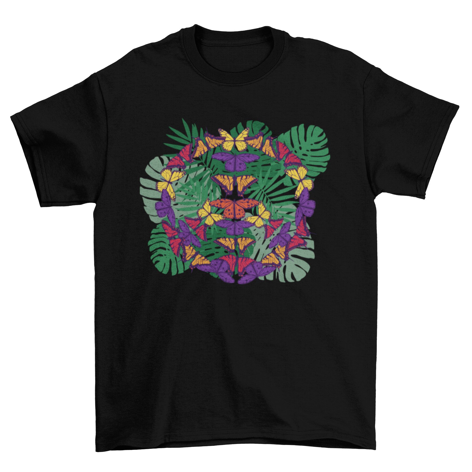 A colorful t-shirt featuring a peace sign made of intricately designed butterflies, symbolizing harmony and beauty.