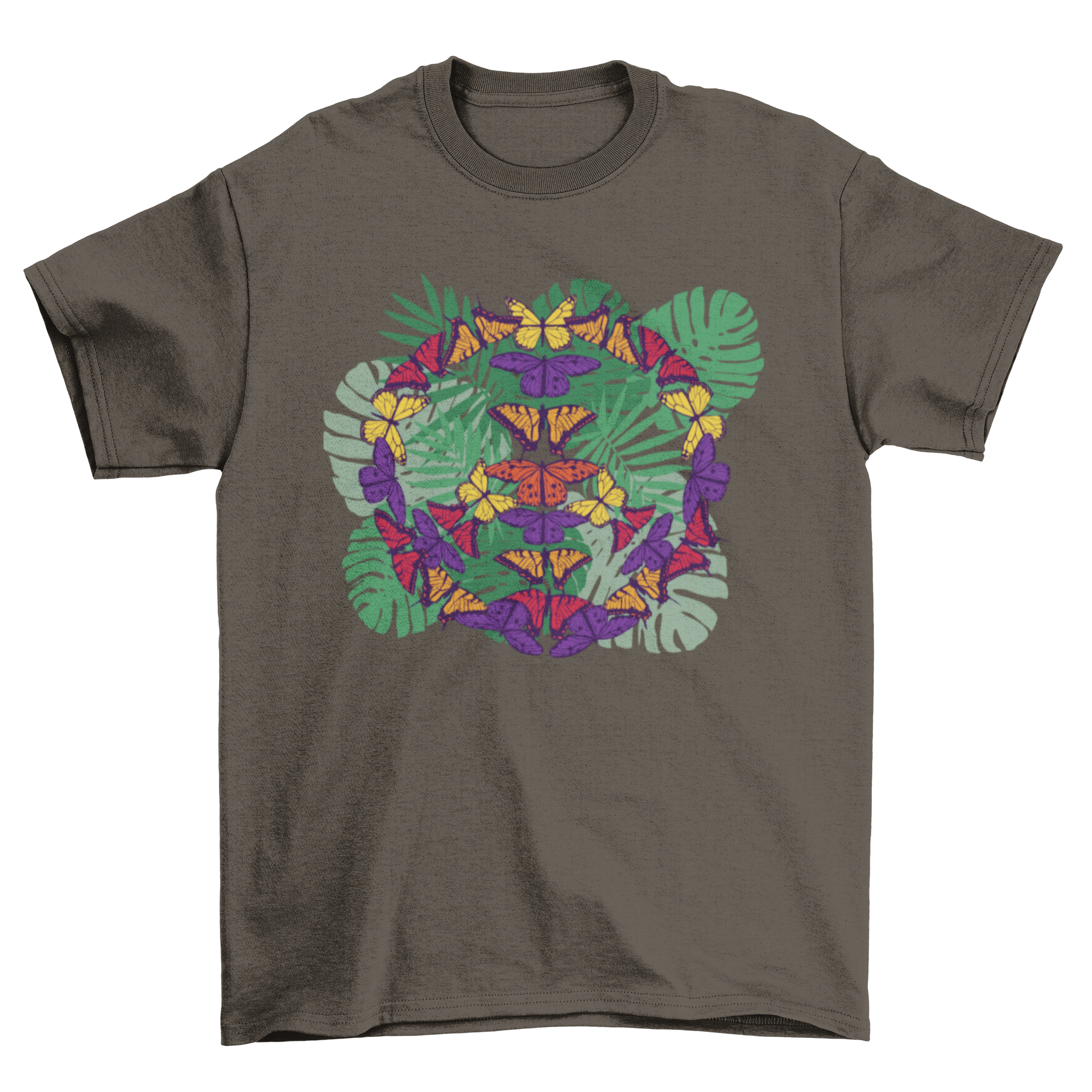 A colorful t-shirt featuring a peace sign made of intricately designed butterflies, symbolizing harmony and beauty.