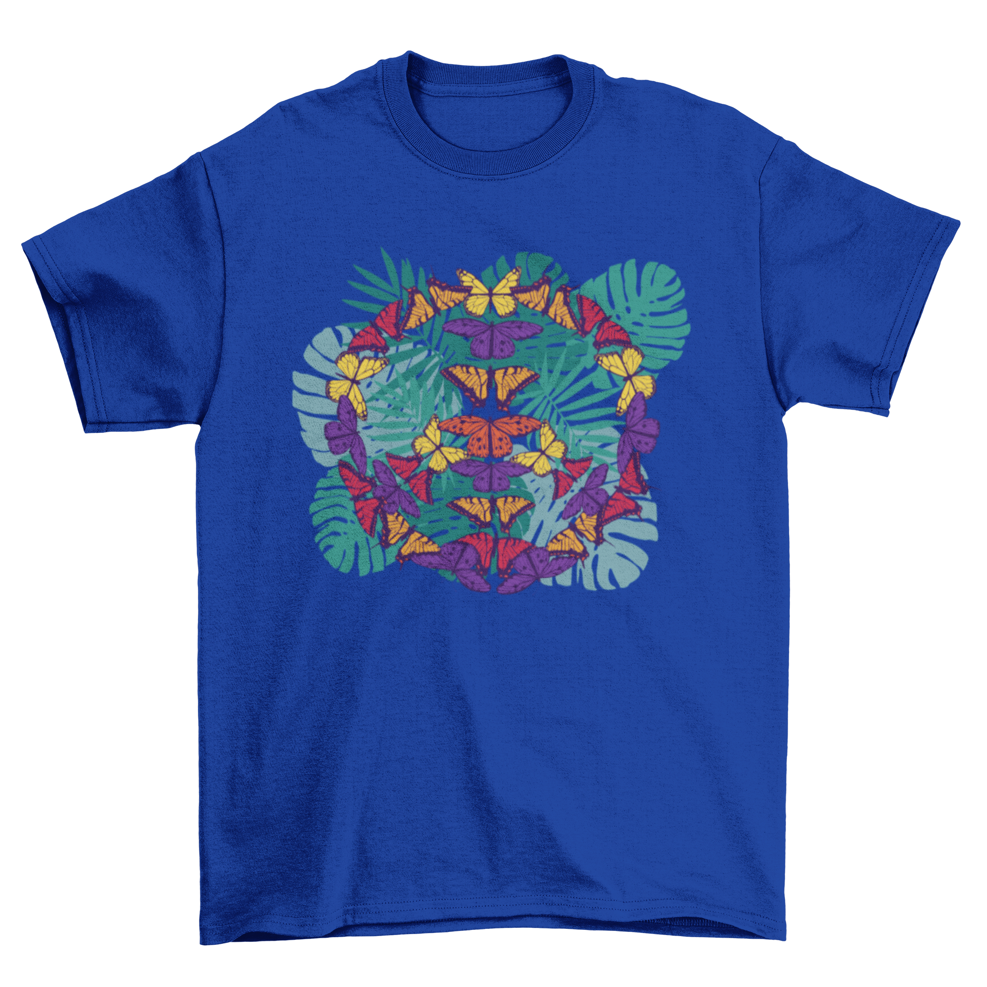 A colorful t-shirt featuring a peace sign made of intricately designed butterflies, symbolizing harmony and beauty.