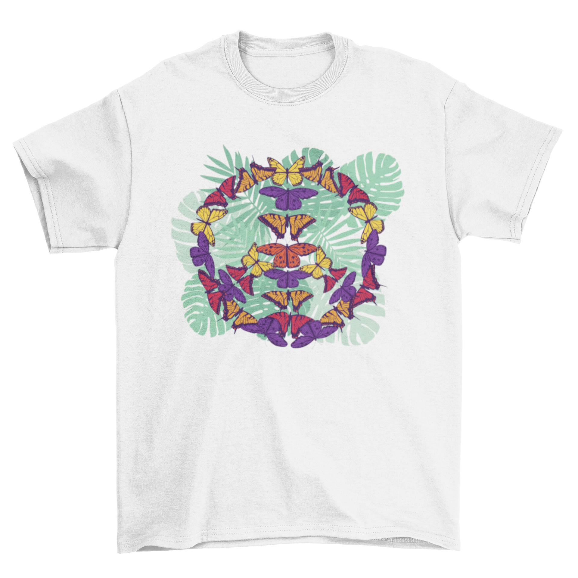 A colorful t-shirt featuring a peace sign made of intricately designed butterflies, symbolizing harmony and beauty.