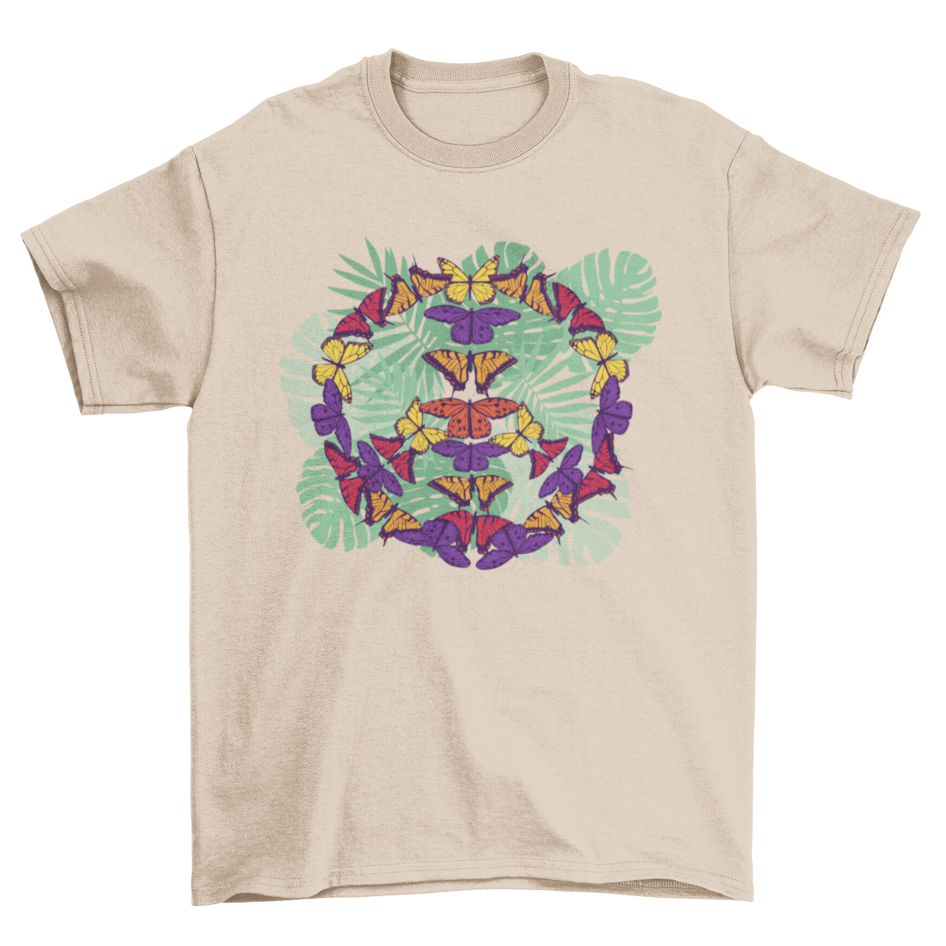 A colorful t-shirt featuring a peace sign made of intricately designed butterflies, symbolizing harmony and beauty.