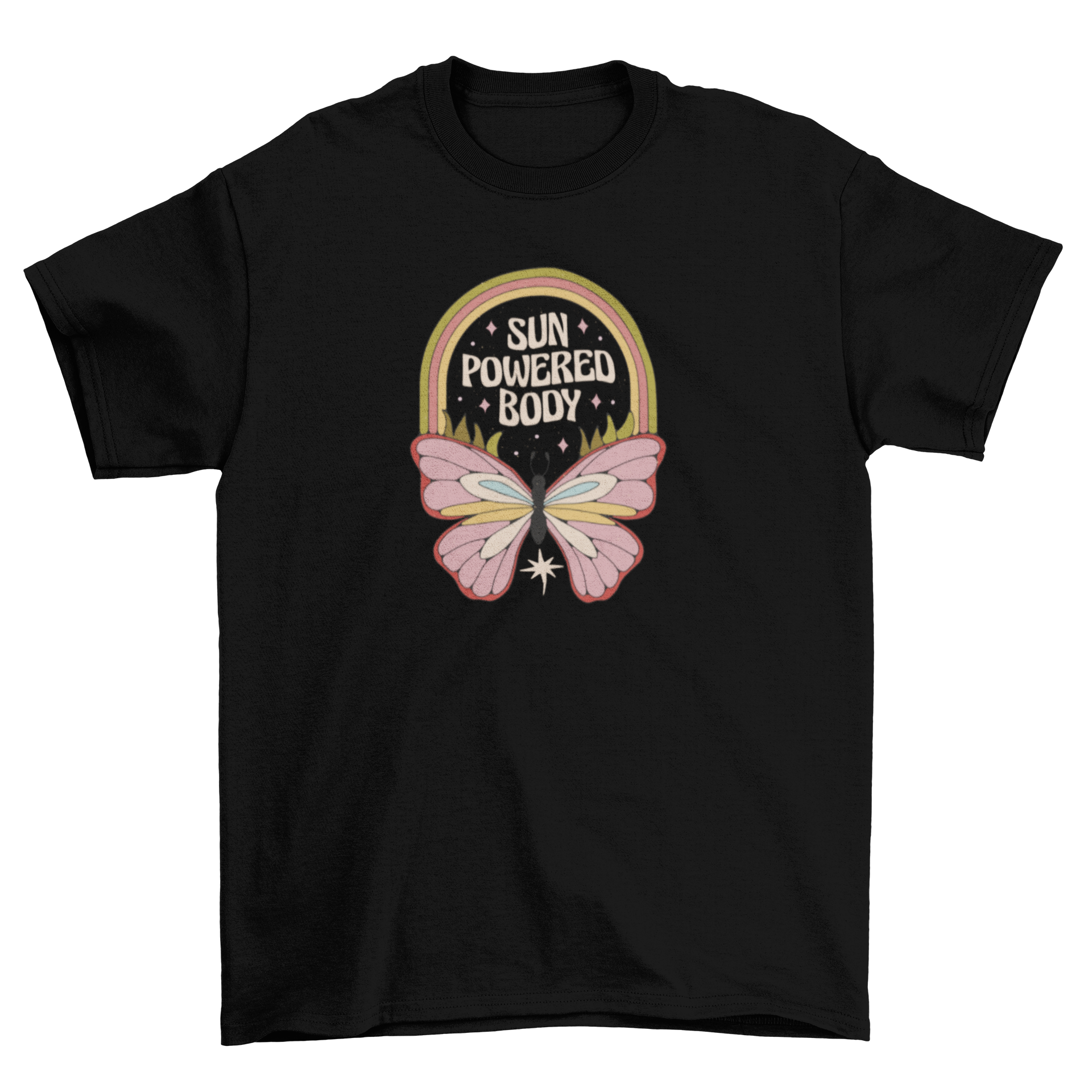 A stylish hippie t-shirt featuring a retro butterfly design and the quote 'Sun powered body', perfect for free spirits.