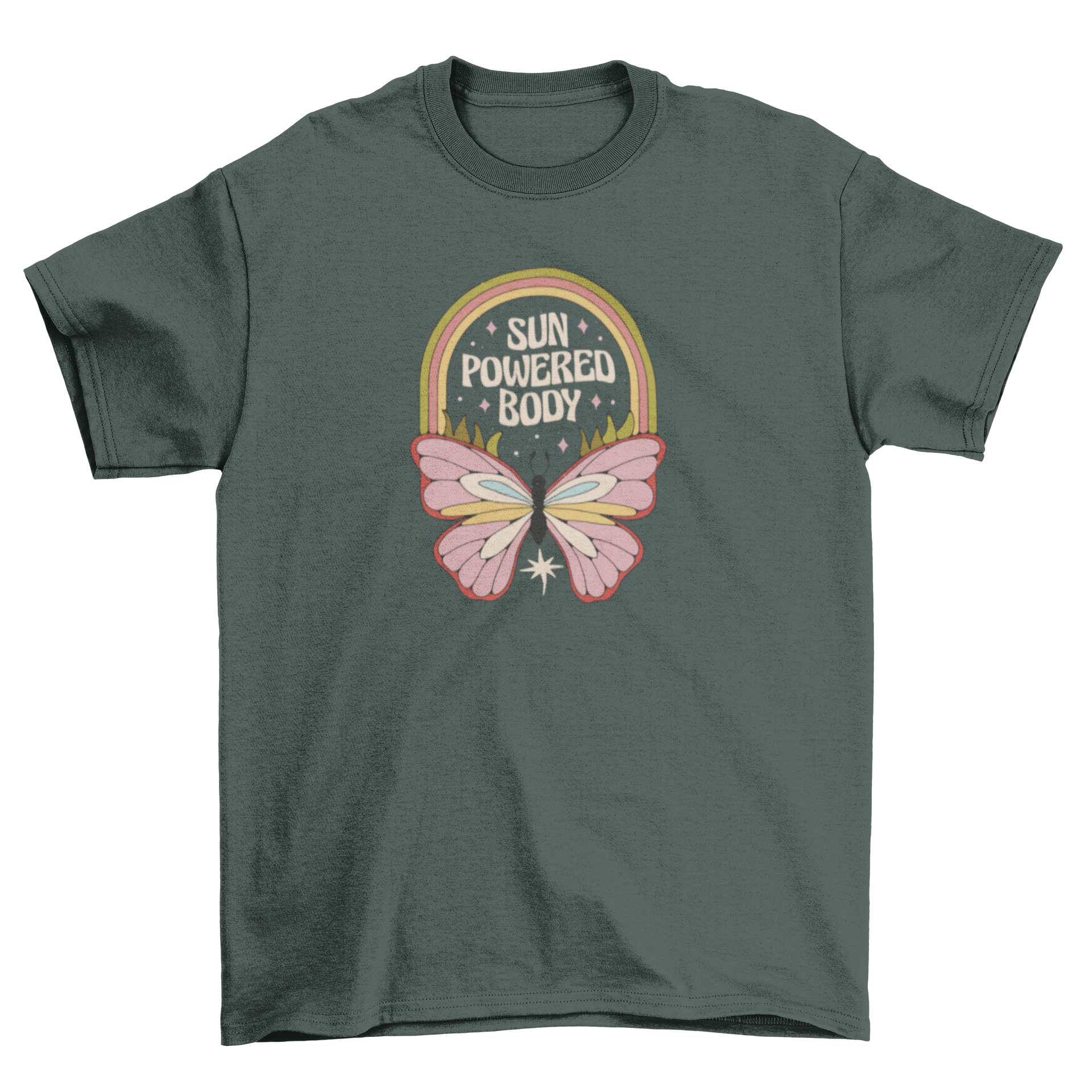 A stylish hippie t-shirt featuring a retro butterfly design and the quote 'Sun powered body', perfect for free spirits.