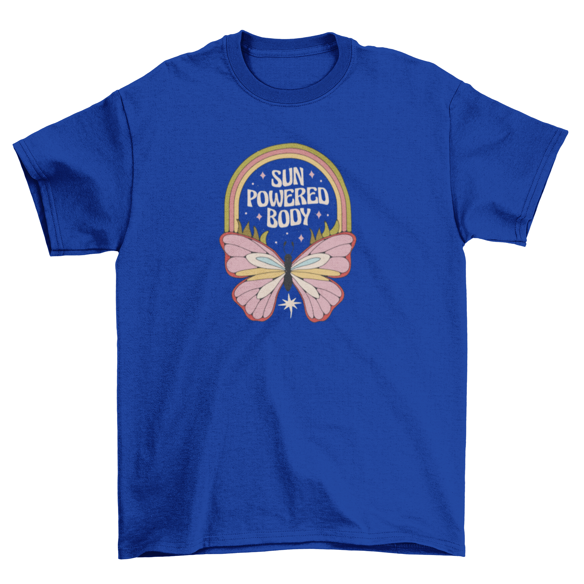 A stylish hippie t-shirt featuring a retro butterfly design and the quote 'Sun powered body', perfect for free spirits.