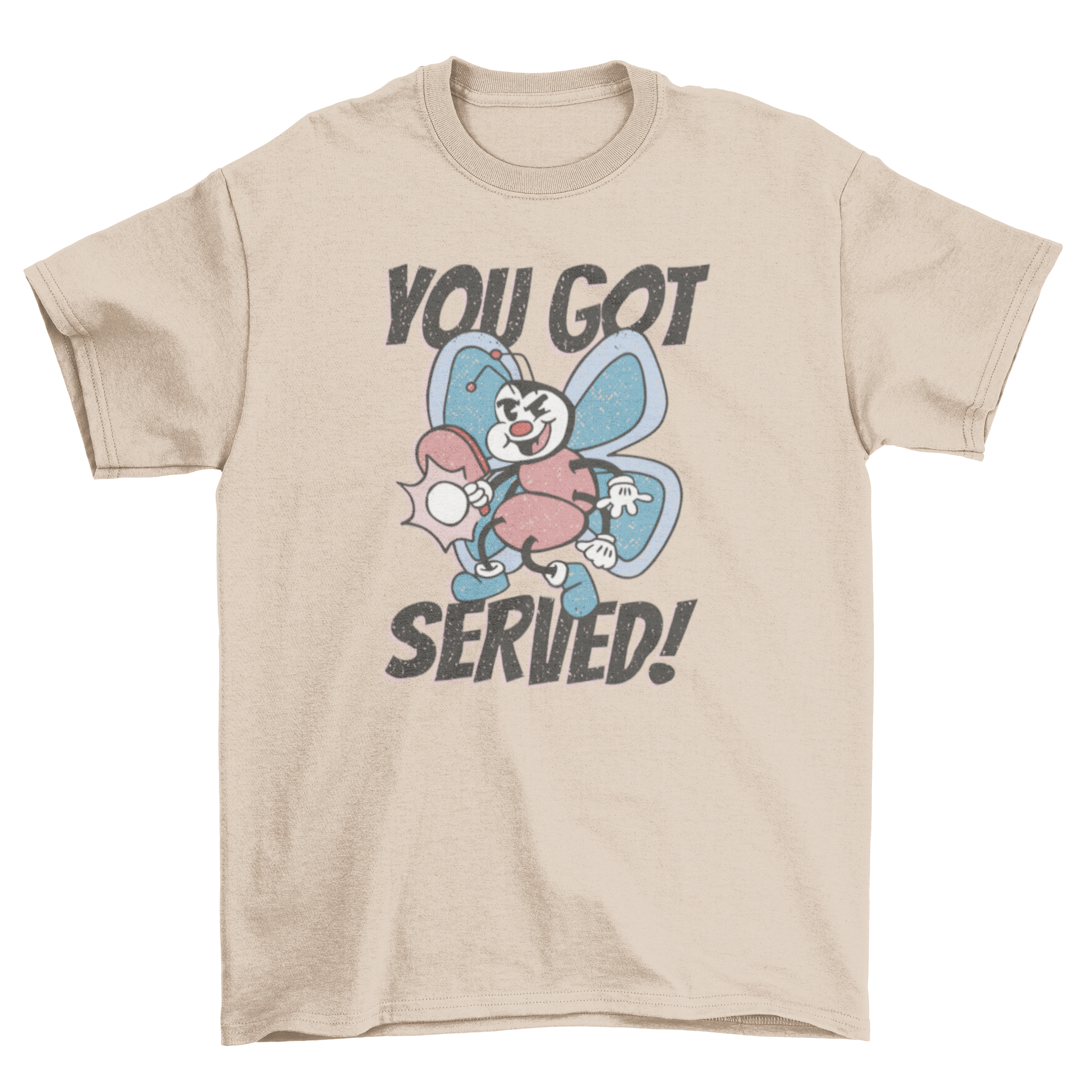 Butterfly retro cartoon t-shirt featuring a butterfly character playing table tennis with the quote 'You got served!'