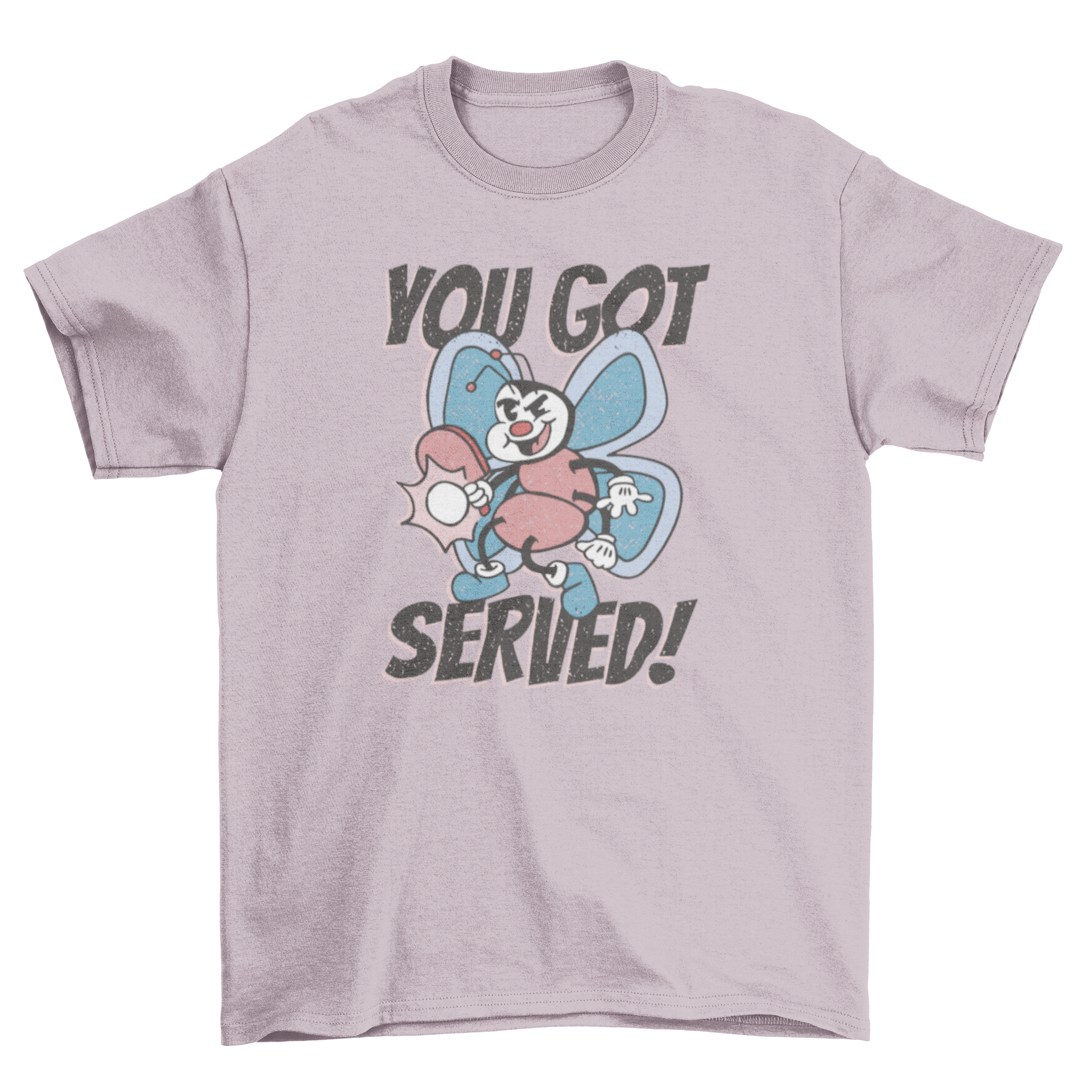 Butterfly retro cartoon t-shirt featuring a butterfly character playing table tennis with the quote 'You got served!'