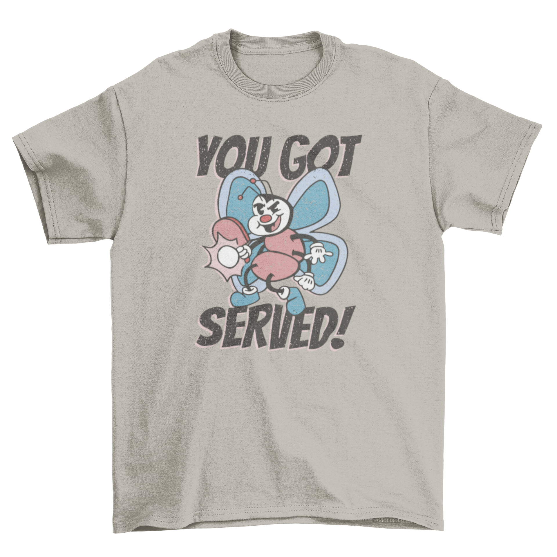 Butterfly retro cartoon t-shirt featuring a butterfly character playing table tennis with the quote 'You got served!'