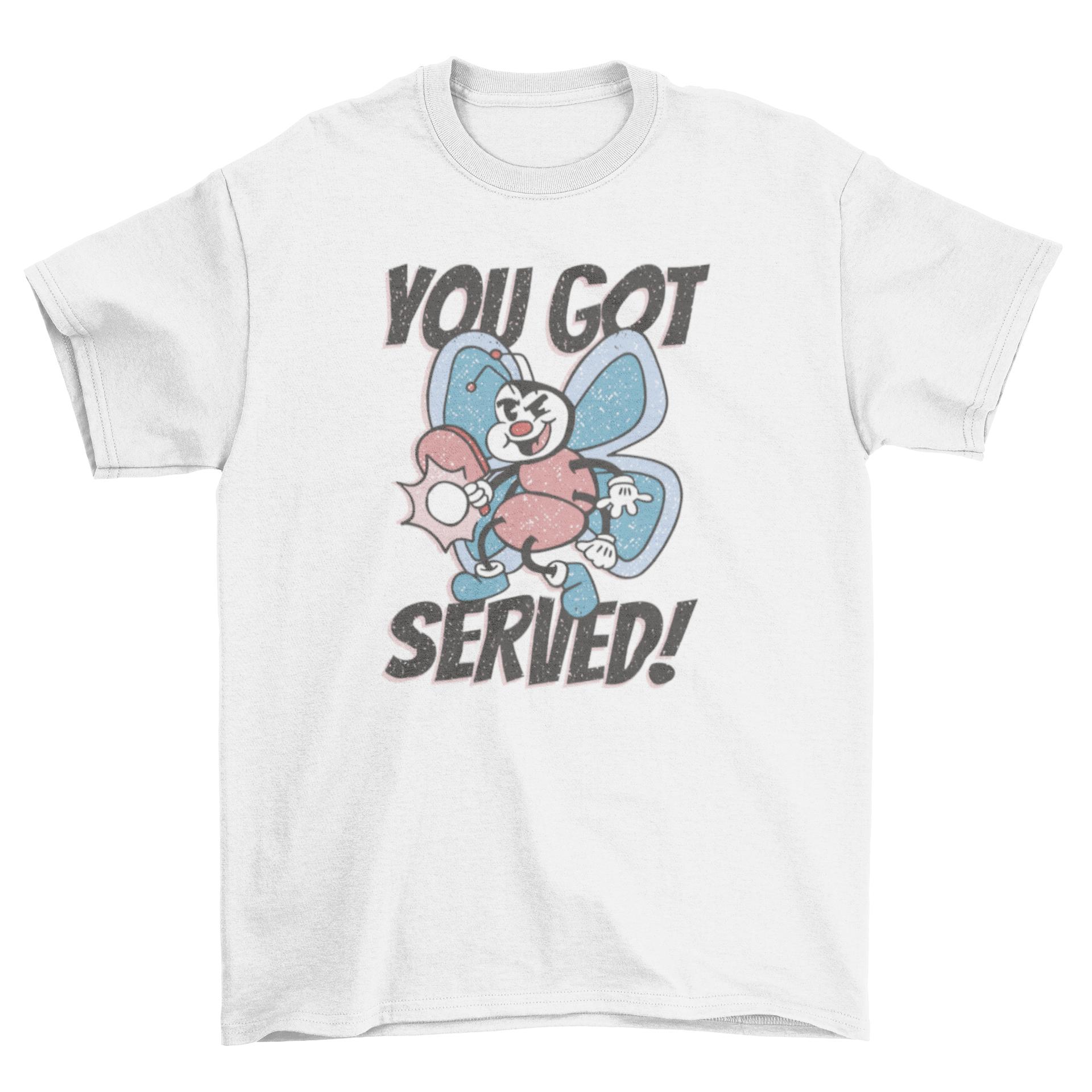 Butterfly retro cartoon t-shirt featuring a butterfly character playing table tennis with the quote 'You got served!'