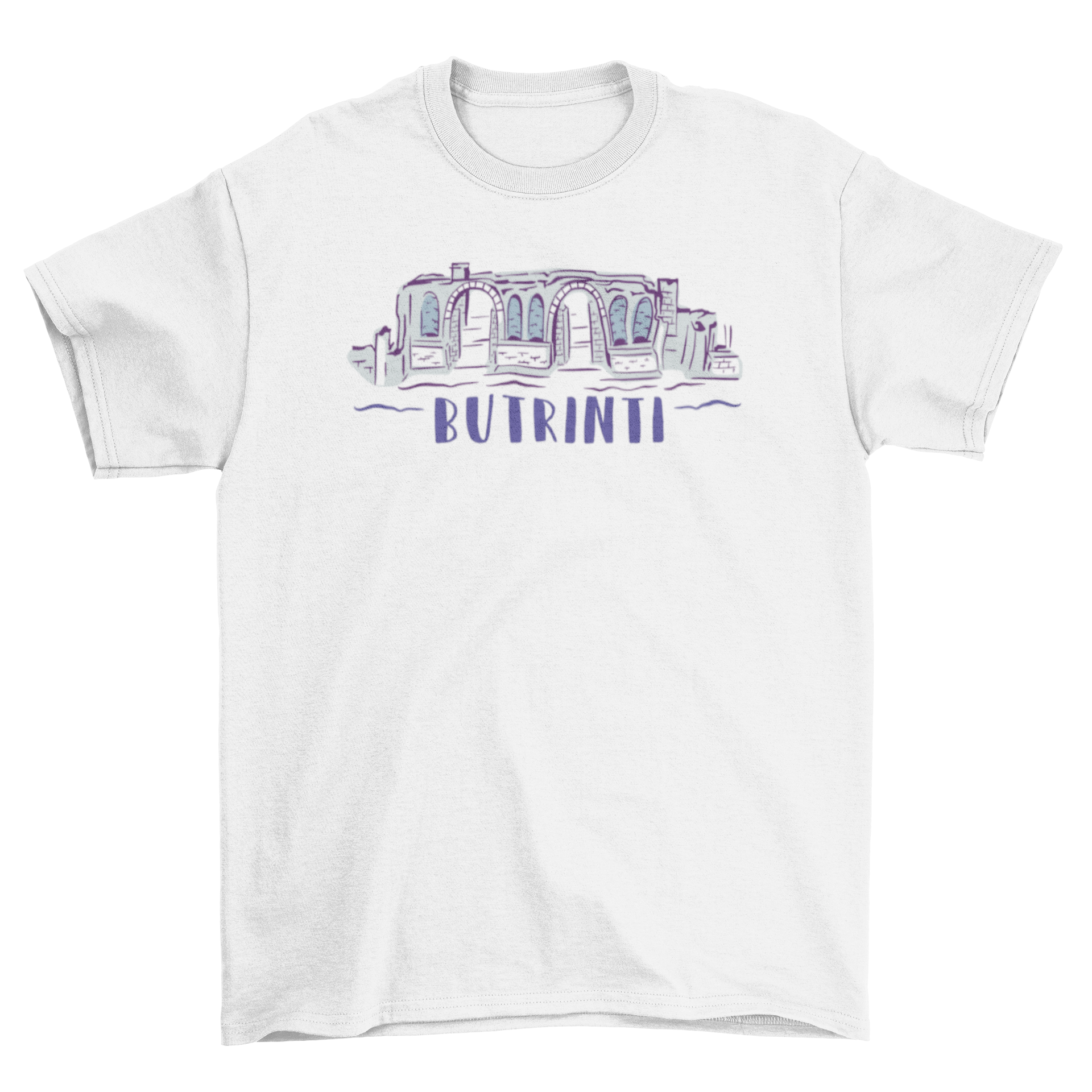 Butrinti Ruins T-shirt featuring a detailed drawing of the ancient ruins in Albania.