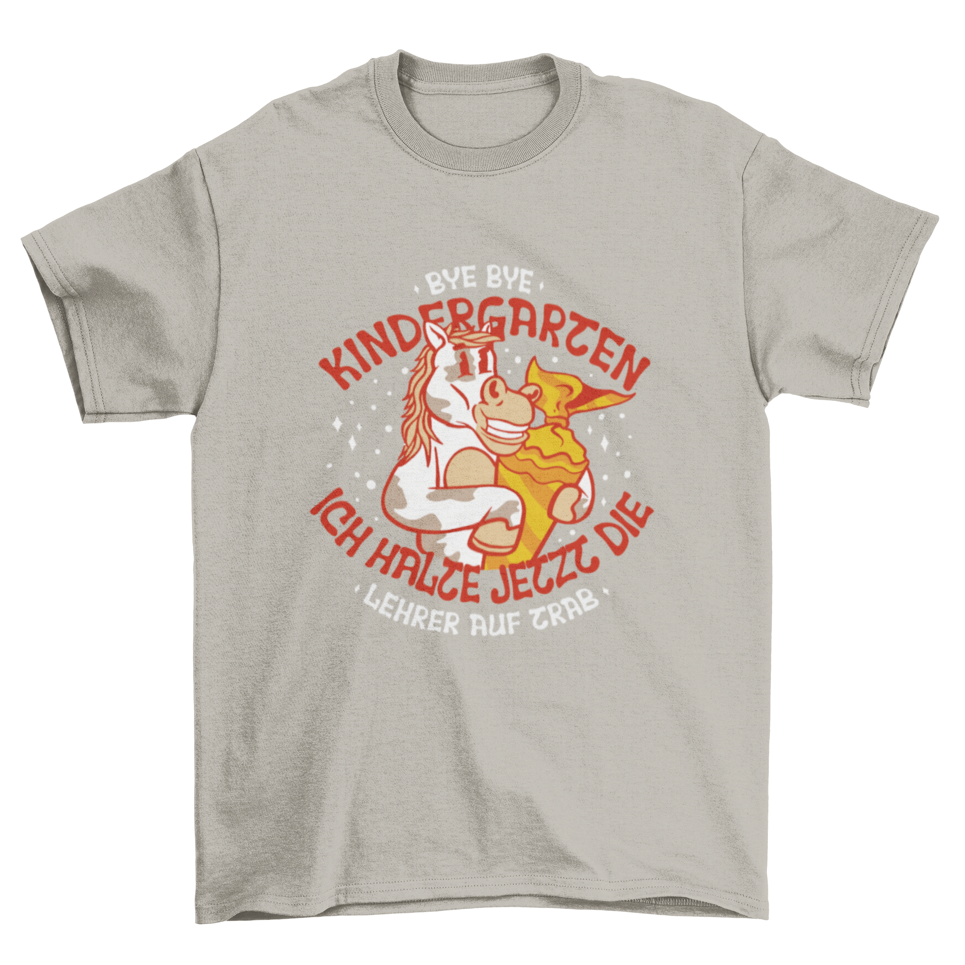 A colorful t-shirt featuring a playful horse design and the text 'Bye Bye Kindergarten, ich halte jetzt die Lehrer auf Trab'.