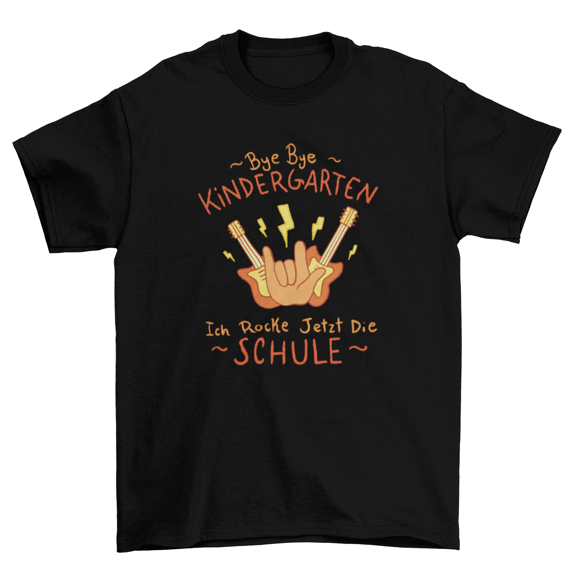 A youth T-shirt featuring a colorful design with the text 'BYE BYE KINDERGARTEN - ICH ROCKE JETZT DIE SCHULE' in German, celebrating the transition to school.