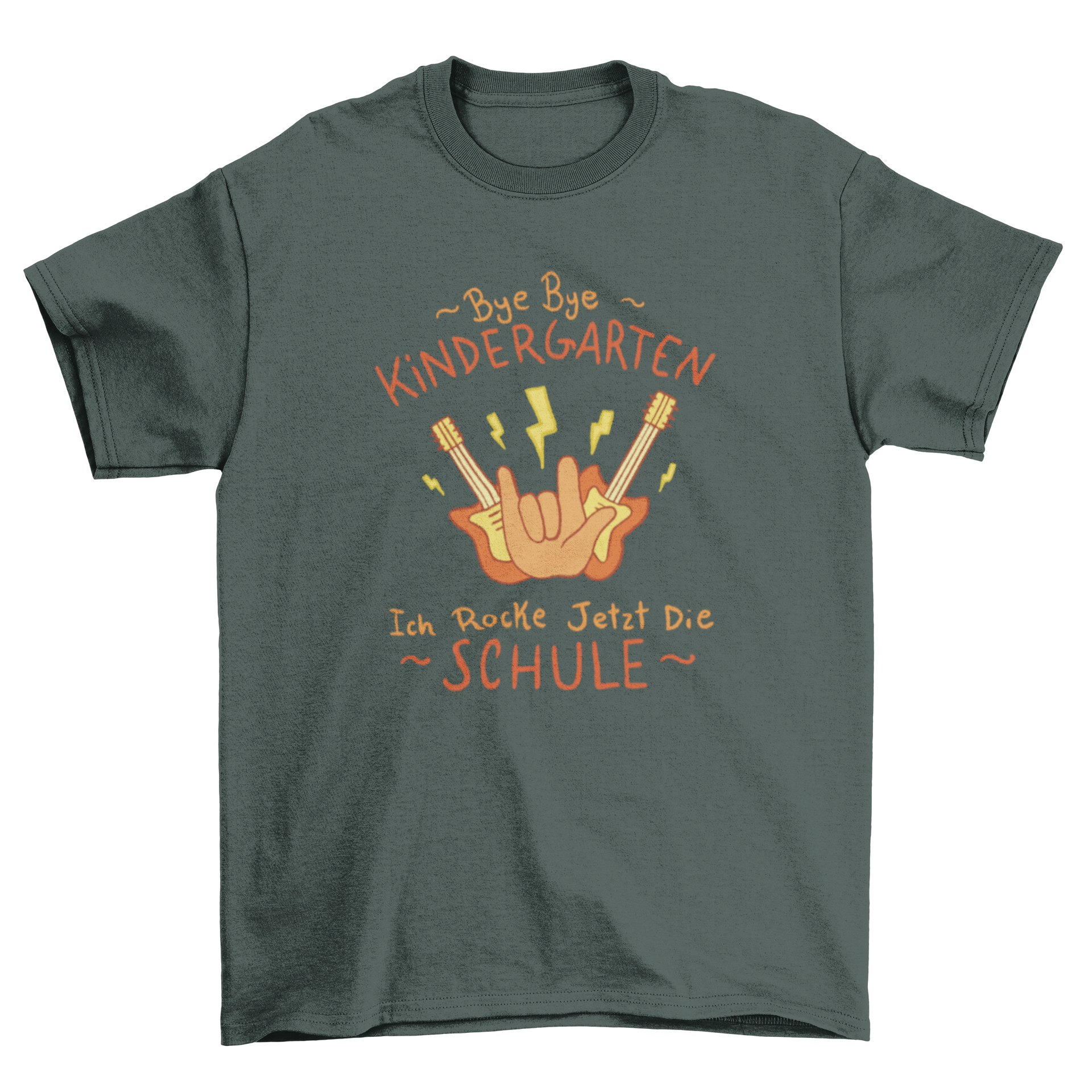 A youth T-shirt featuring a colorful design with the text 'BYE BYE KINDERGARTEN - ICH ROCKE JETZT DIE SCHULE' in German, celebrating the transition to school.