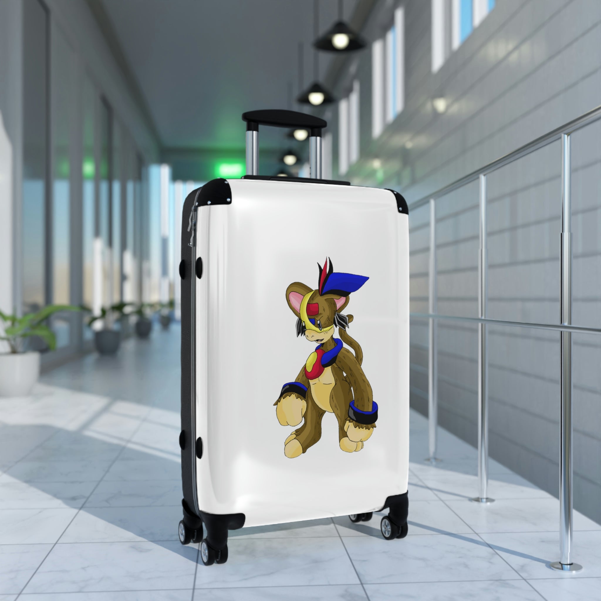 A stylish personalized cabin suitcase with a polycarbonate front and ABS back, featuring a telescopic handle and 360° swivel wheels.