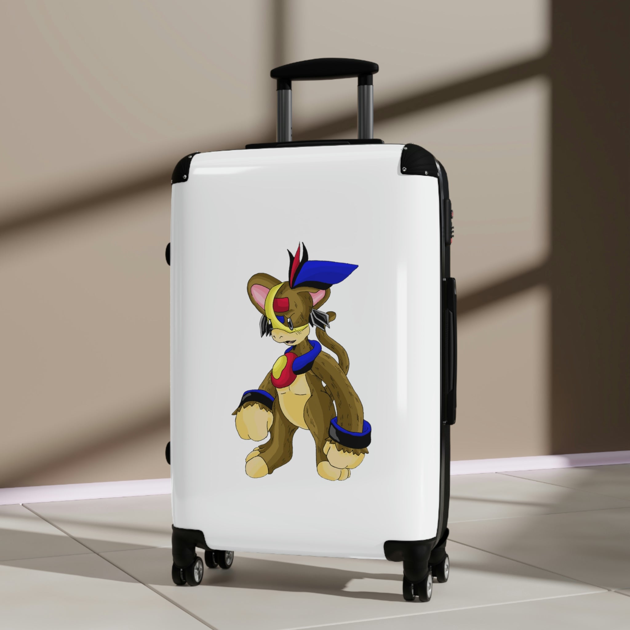 A stylish personalized cabin suitcase with a polycarbonate front and ABS back, featuring a telescopic handle and 360° swivel wheels.