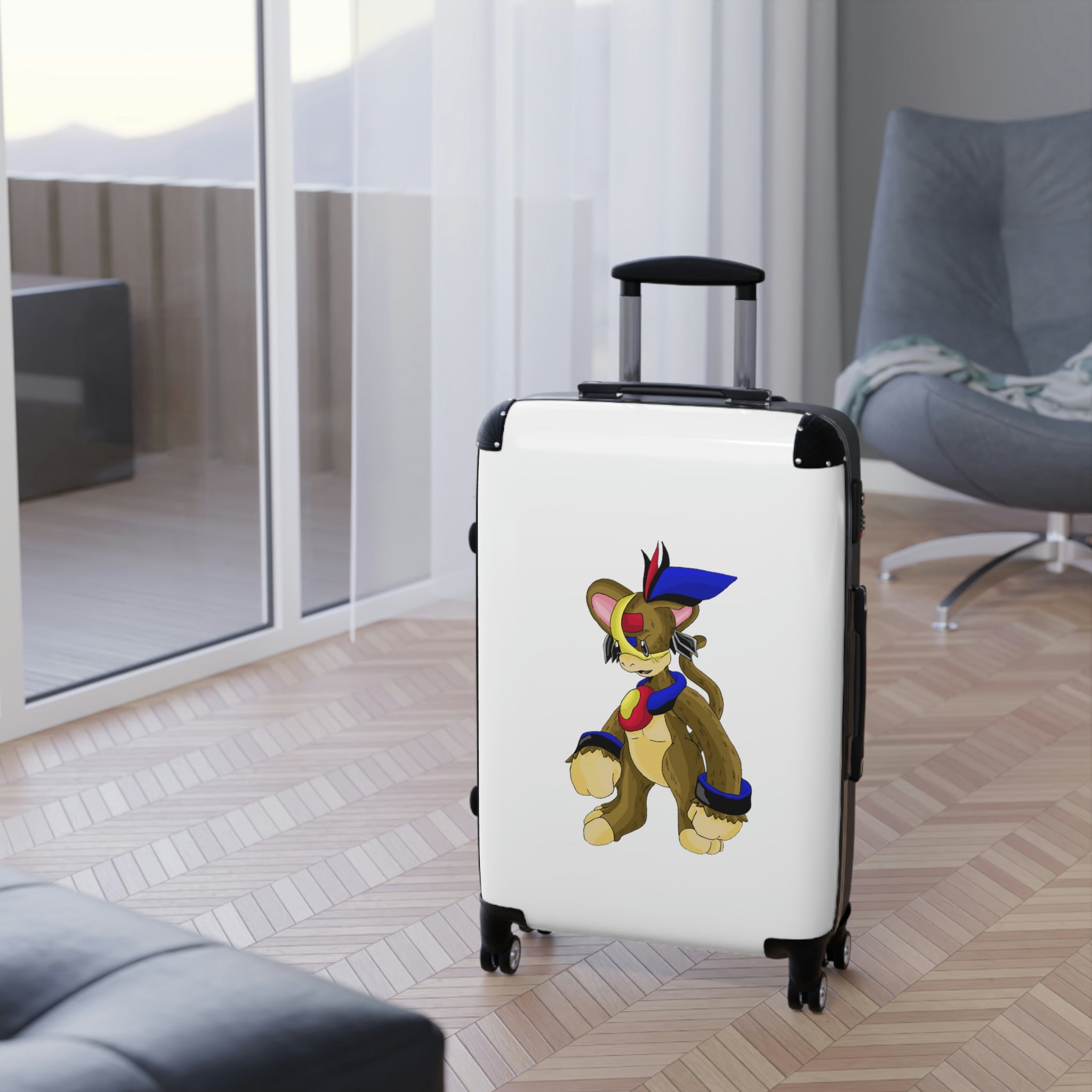 A stylish personalized cabin suitcase with a polycarbonate front and ABS back, featuring a telescopic handle and 360° swivel wheels.