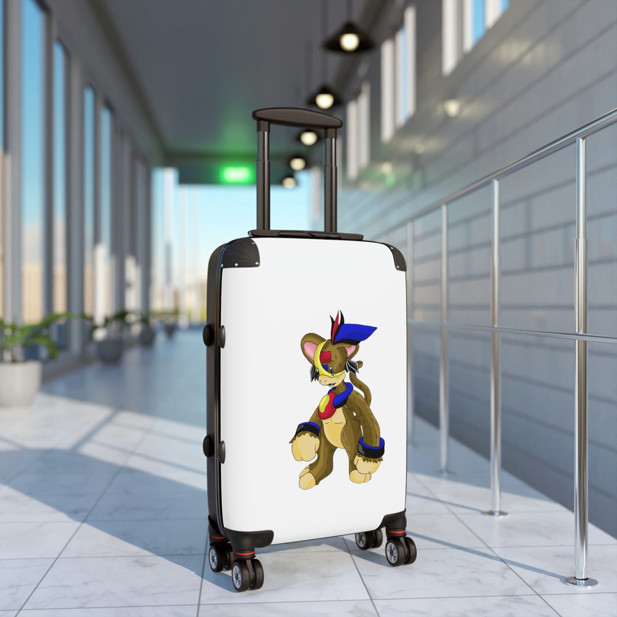 A stylish personalized cabin suitcase with a polycarbonate front and ABS back, featuring a telescopic handle and 360° swivel wheels.