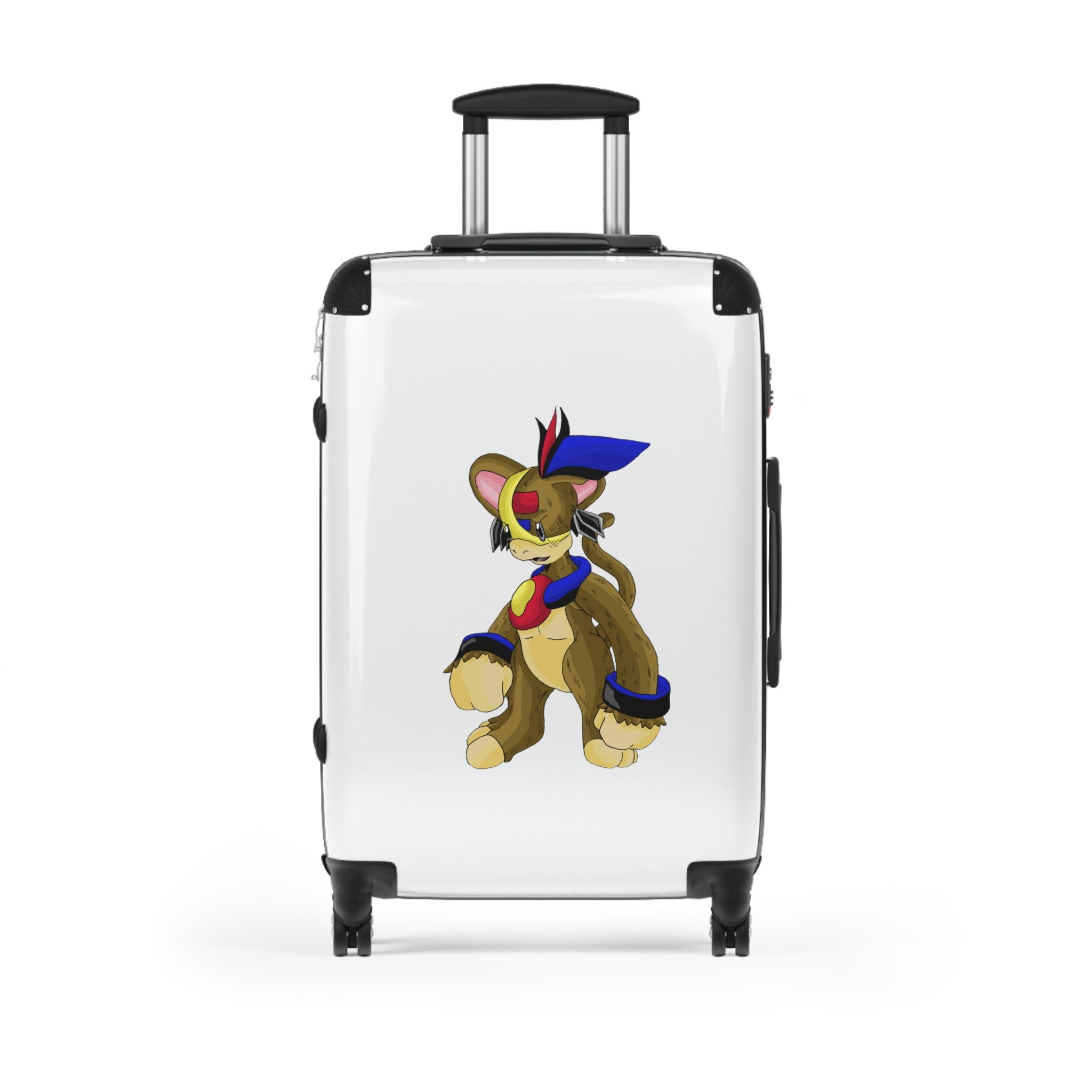 A stylish personalized cabin suitcase with a polycarbonate front and ABS back, featuring a telescopic handle and 360° swivel wheels.