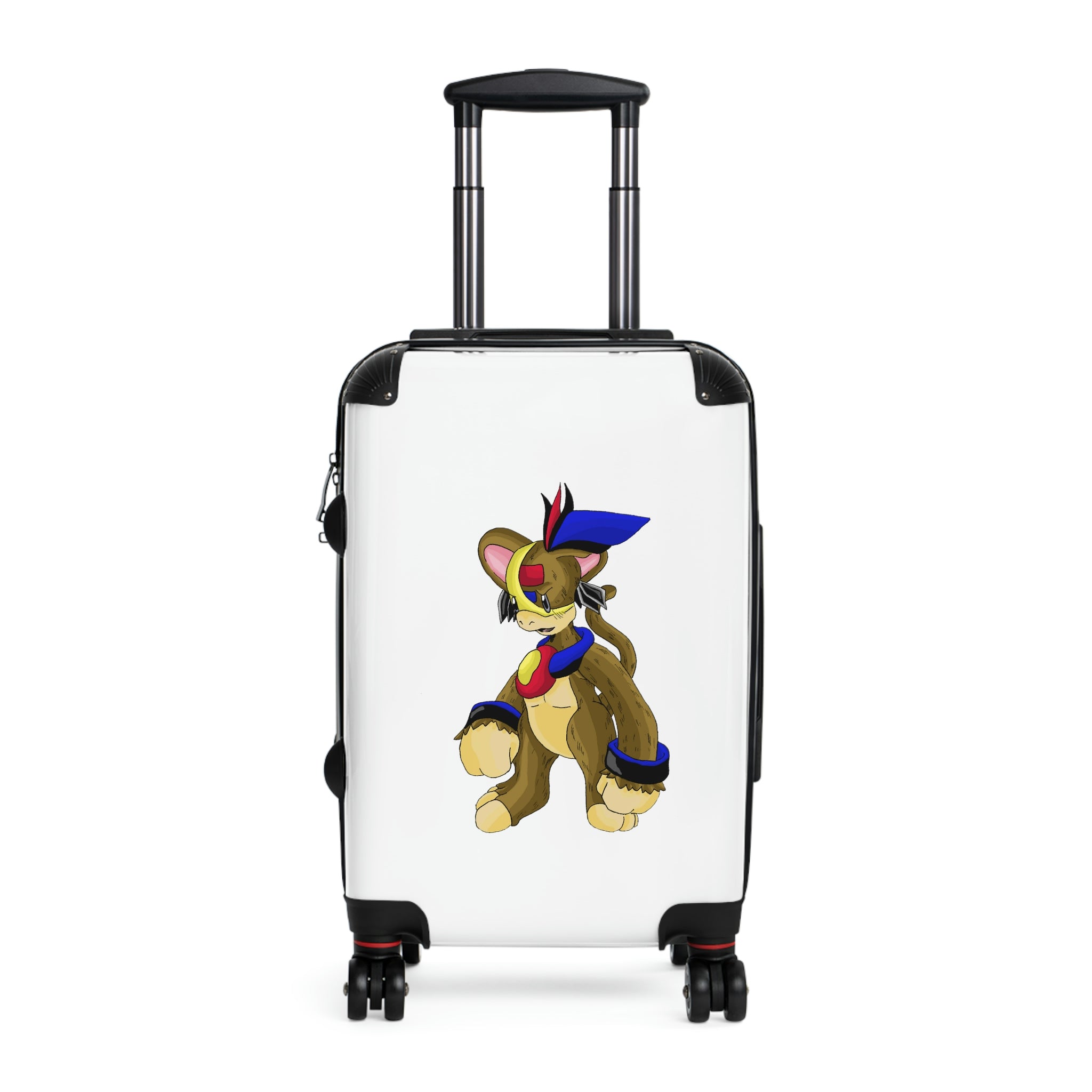 A stylish personalized cabin suitcase with a polycarbonate front and ABS back, featuring a telescopic handle and 360° swivel wheels.