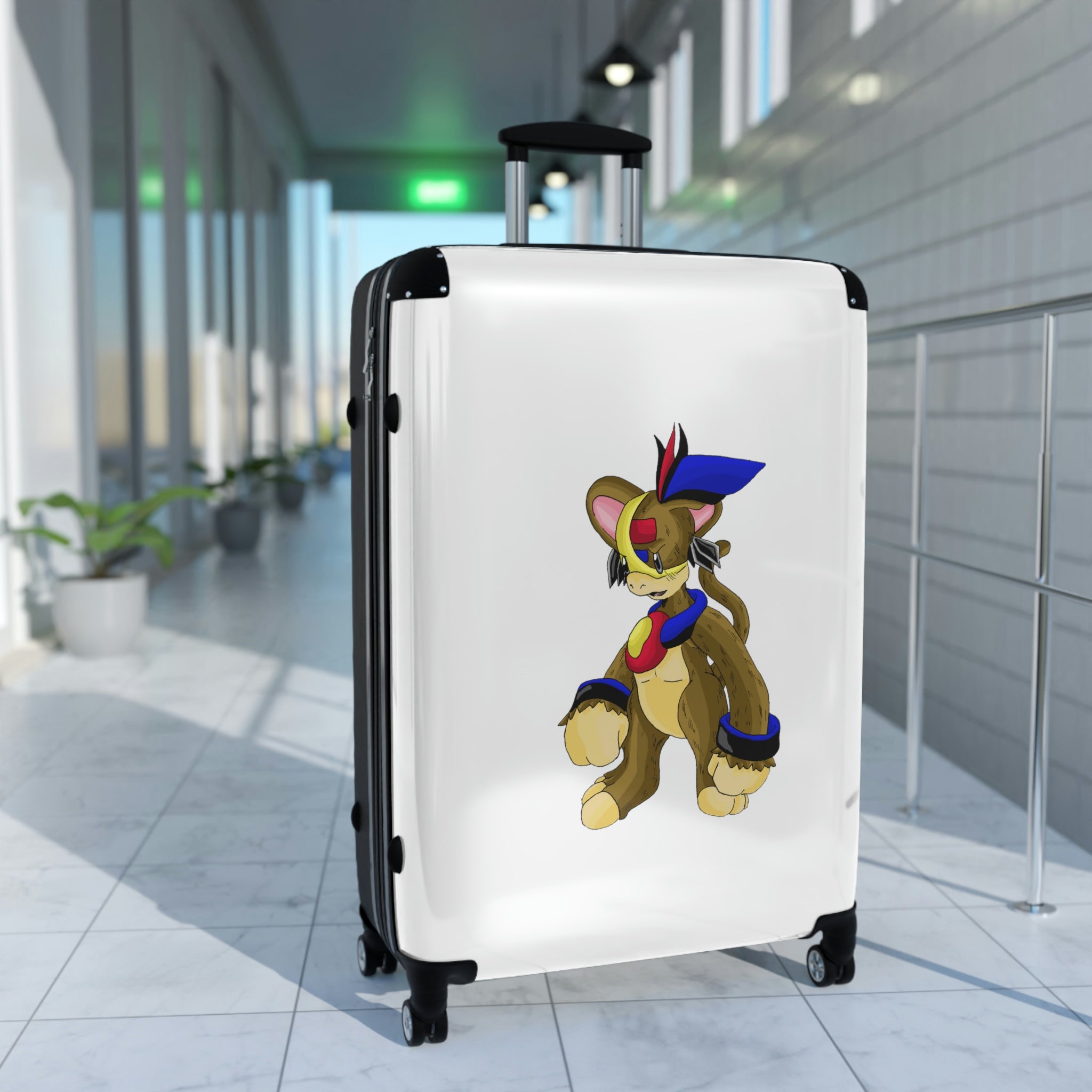 A stylish personalized cabin suitcase with a polycarbonate front and ABS back, featuring a telescopic handle and 360° swivel wheels.