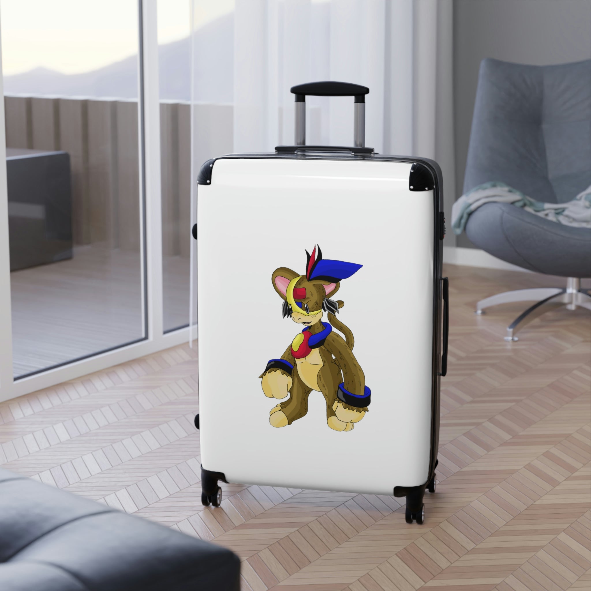 A stylish personalized cabin suitcase with a polycarbonate front and ABS back, featuring a telescopic handle and 360° swivel wheels.