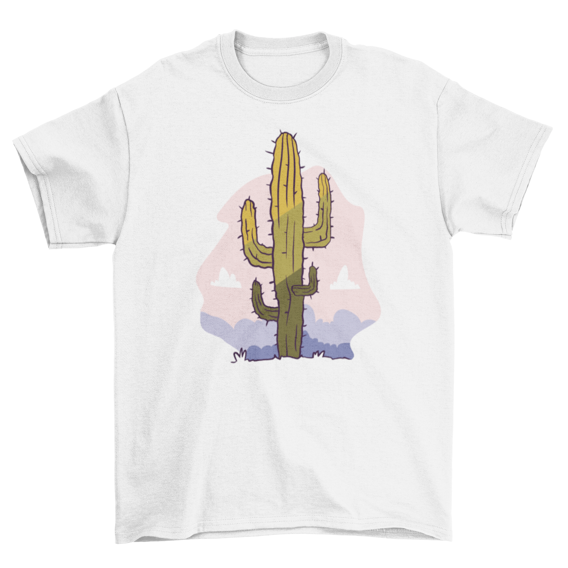 A stylish T-shirt featuring a vibrant cactus illustration set against a desert backdrop.